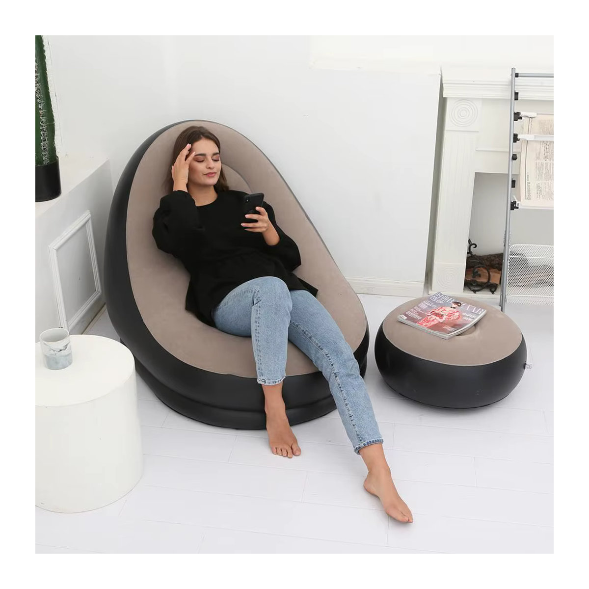 Aufblasbares Lounge-Sofa Set mit Fußhocker aus PVC, beflockter Klappliegestuhl für Erwachsene in Rot oder Grau - Bild 3