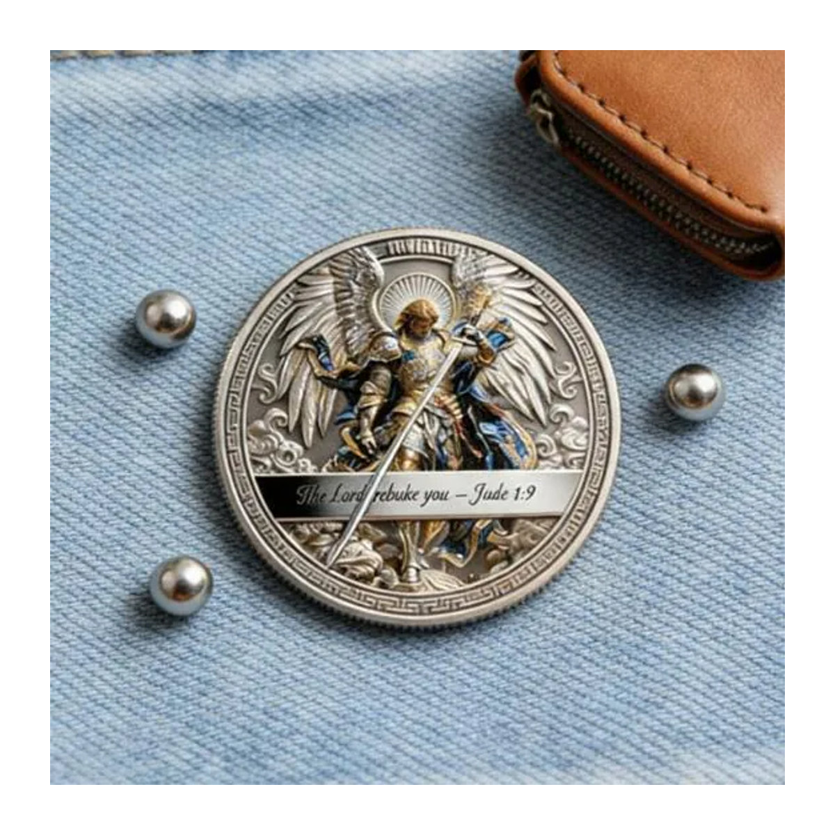 Aunel Erzengel St. Michael Sammlermünze aus Metall in Silber, doppelseitig gravierte religiöse Souvenir-Münze im Vintage-Stil - Bild 3