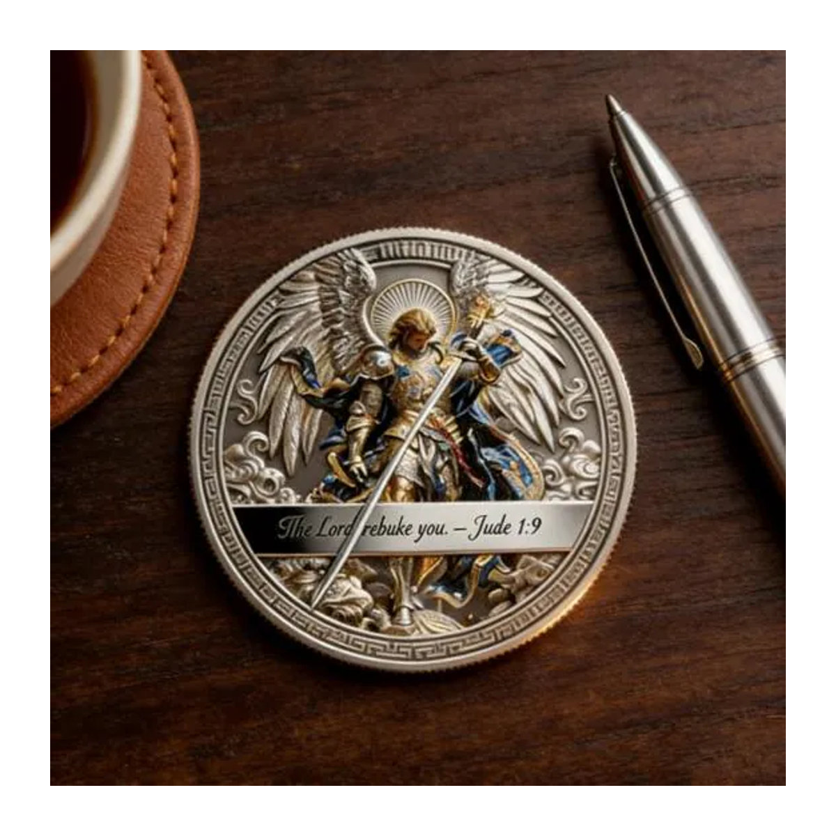 Aunel Erzengel St. Michael Sammlermünze aus Metall in Silber, doppelseitig gravierte religiöse Souvenir-Münze im Vintage-Stil - Bild 4