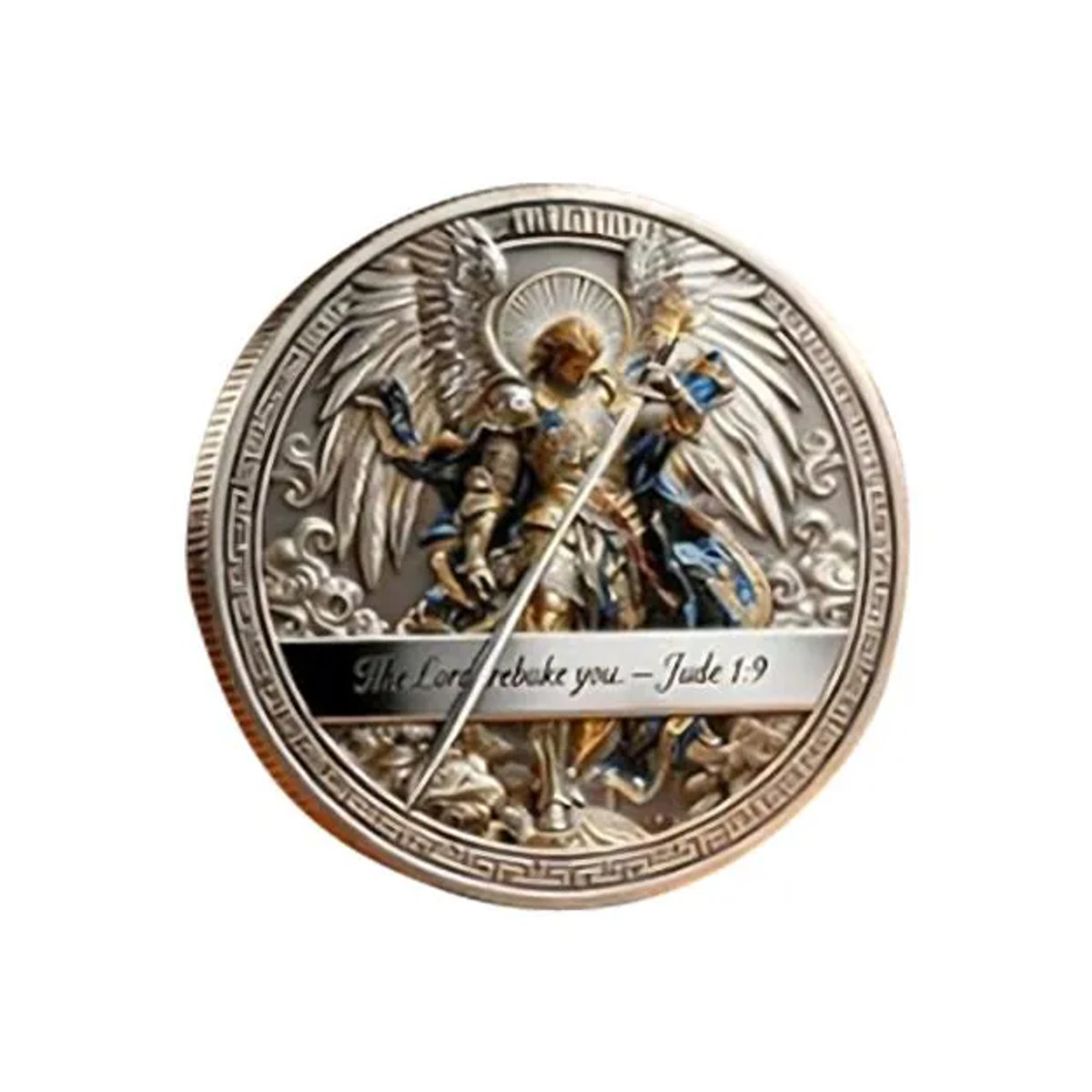 Aunel Erzengel St. Michael Sammlermünze aus Metall in Silber, doppelseitig gravierte religiöse Souvenir-Münze im Vintage-Stil - Bild 5