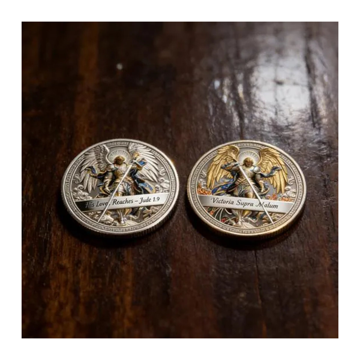 Aunel Erzengel St. Michael Sammlermünze aus Metall in Silber, doppelseitig gravierte religiöse Souvenir-Münze im Vintage-Stil - Bild 6