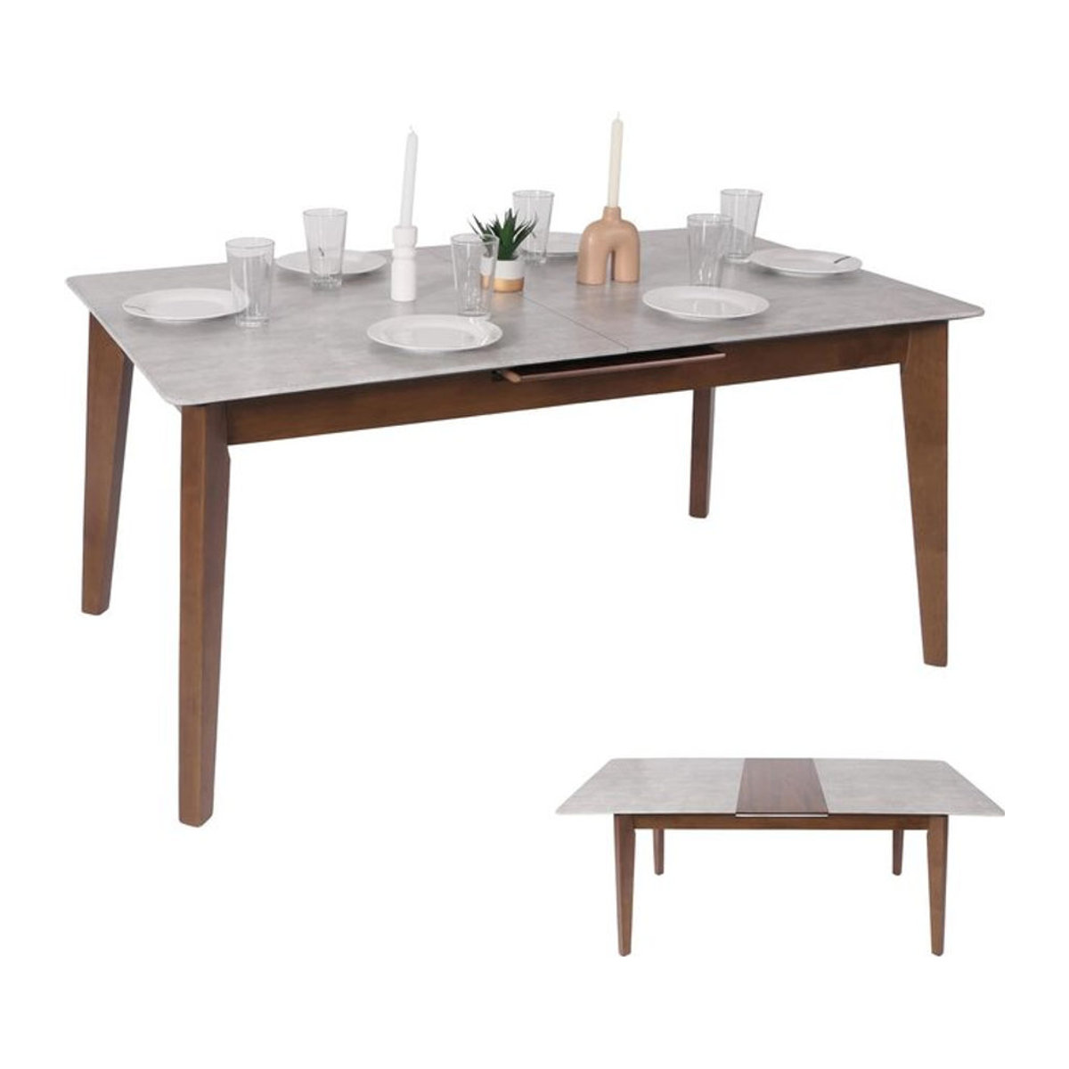 Ausziehbarer Esszimmertisch MCW-M57 in Beton-Optik und Grau mit braunen Beinen, Rechteckig, B/T: 160-200 x 90 cm - Bild 1