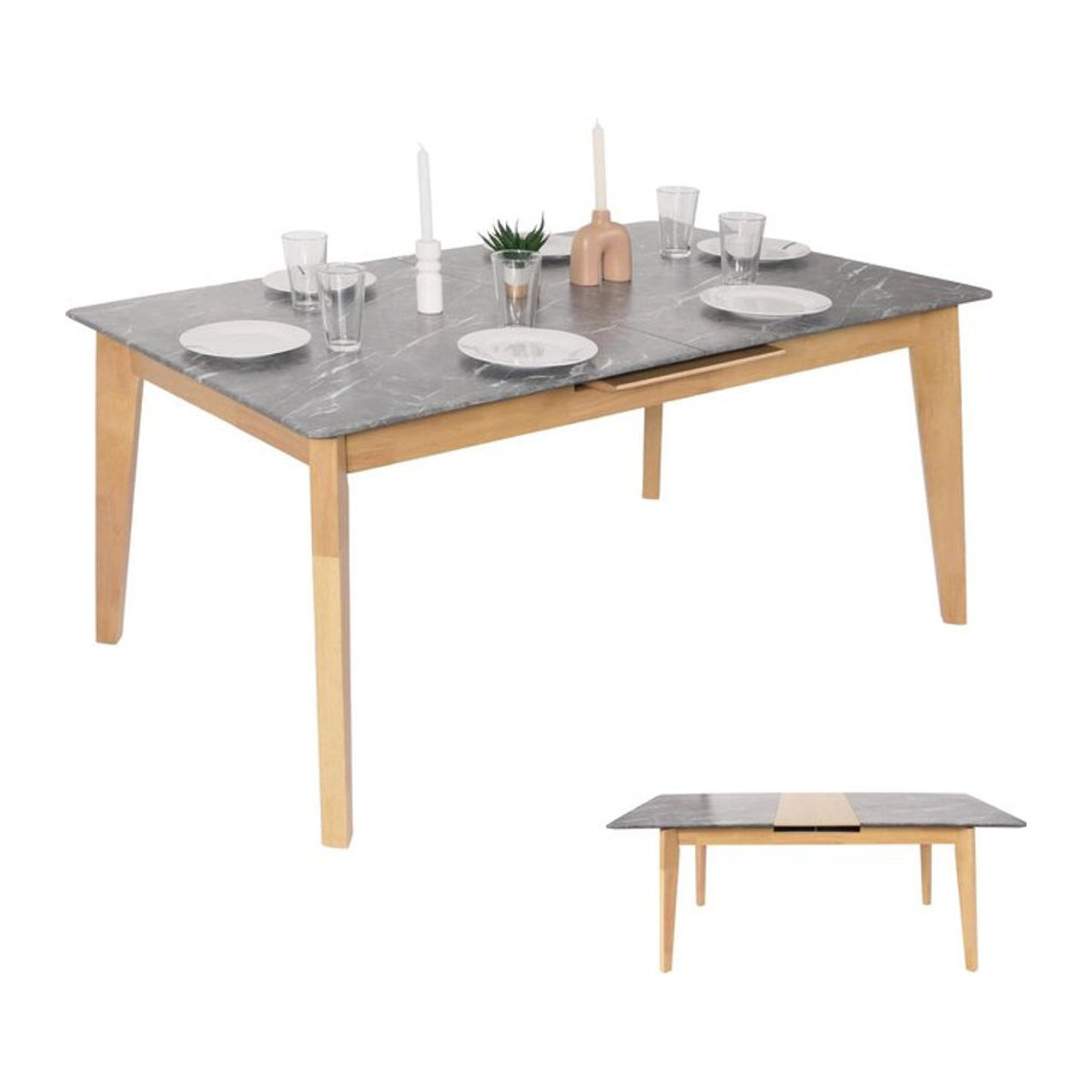 Ausziehbarer Esszimmertisch MCW-M57 in Marmor-Stein-Optik mit Massivholz und hellen Beinen, Grau, B: 160-200 cm, T: 90 cm - Bild 1