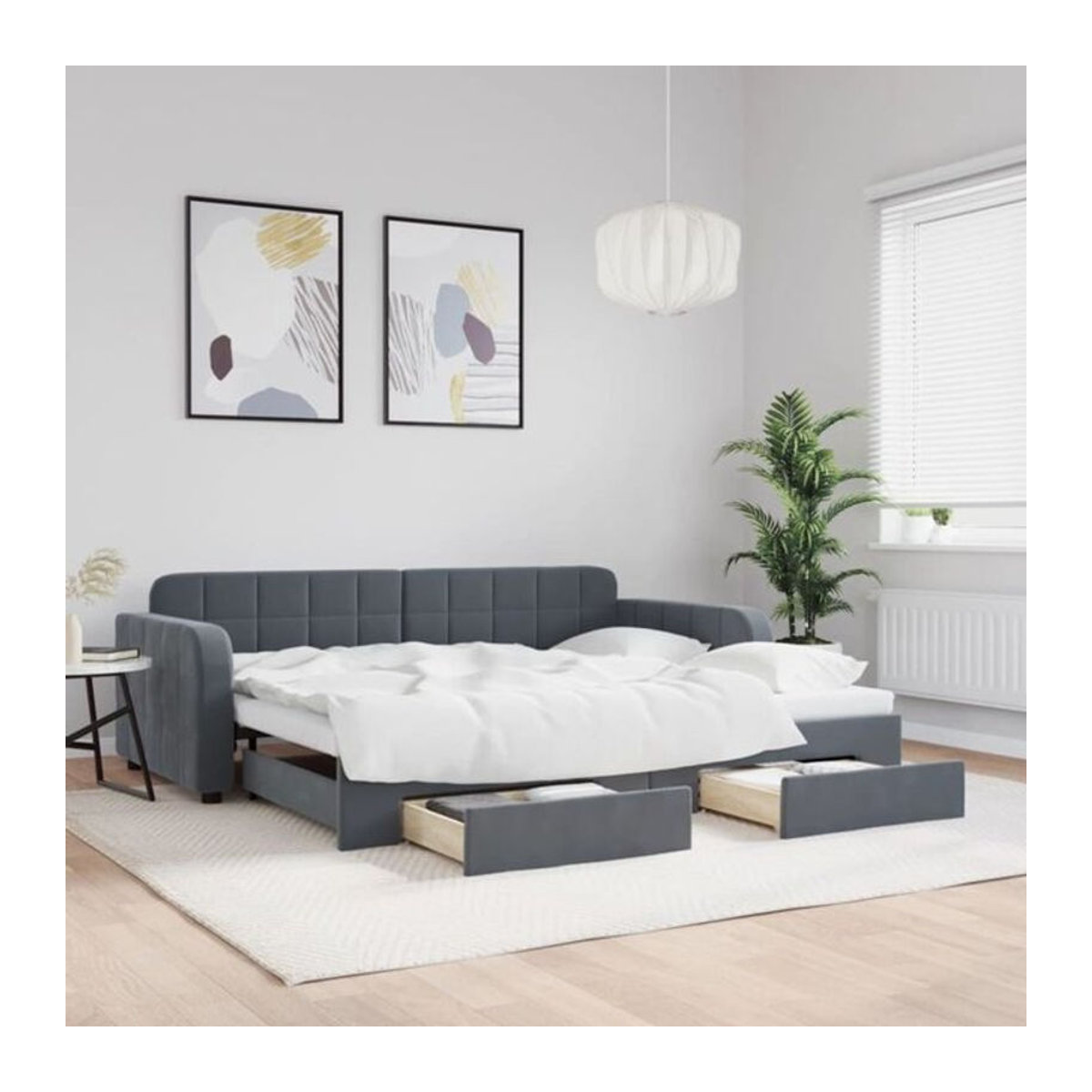 Ausziehbares Funktionsbett vidaxl mit Schubladen aus Samt in Anthrazit, B/T/H: 90 x 200 cm - Bild 1