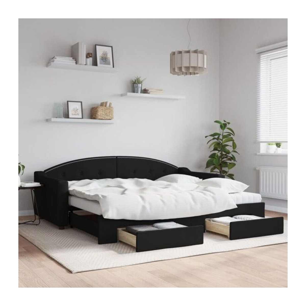 Ausziehbares Funktionsbett vidaxl mit Schubladen aus Stoff und Metall, Schwarz, B: 90 cm, L: 200 cm - Bild 1
