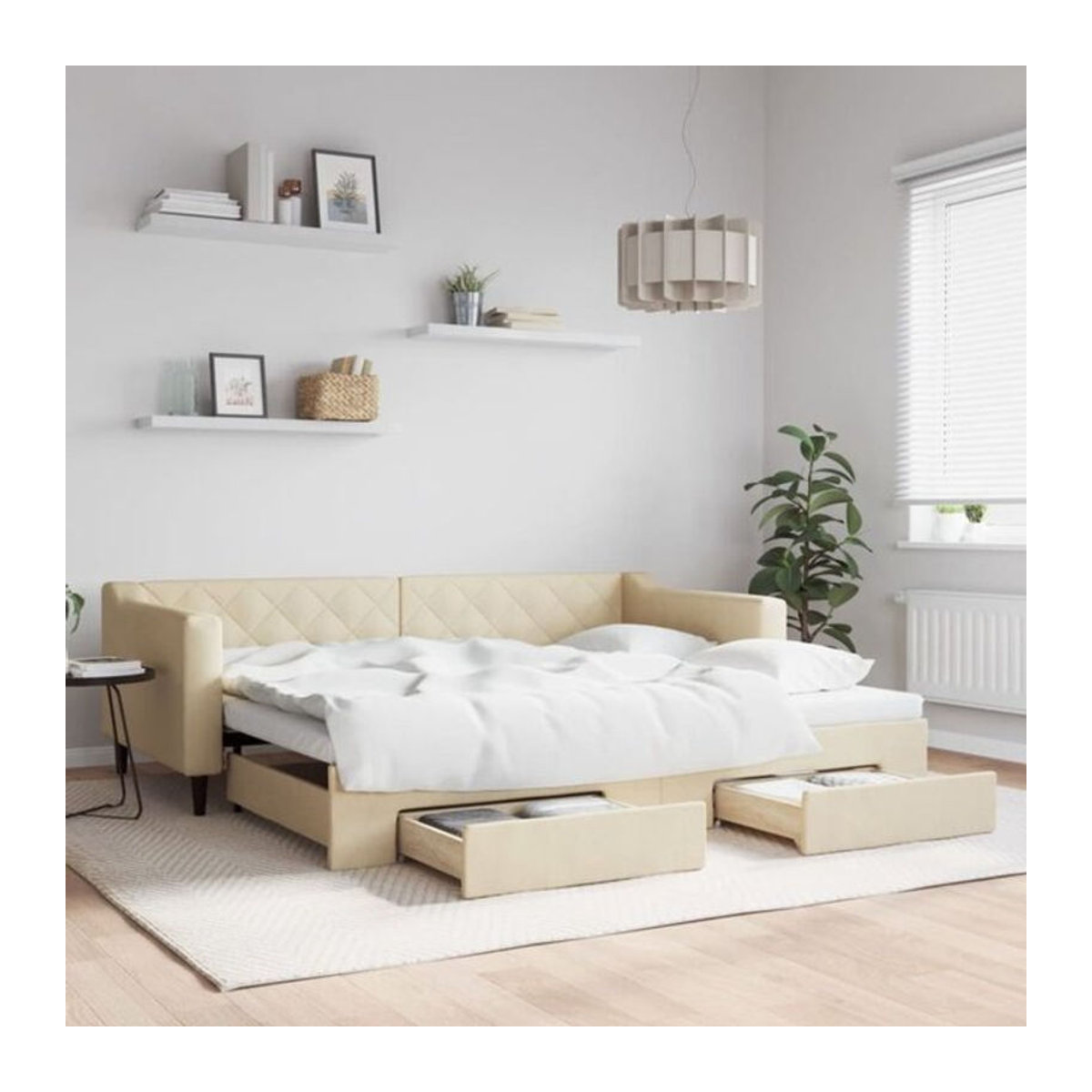 Ausziehbares Funktionsbett vidaxl mit Schubladen in Beige aus Stoff und Metall, B/H: 90 x 200 cm - Bild 1