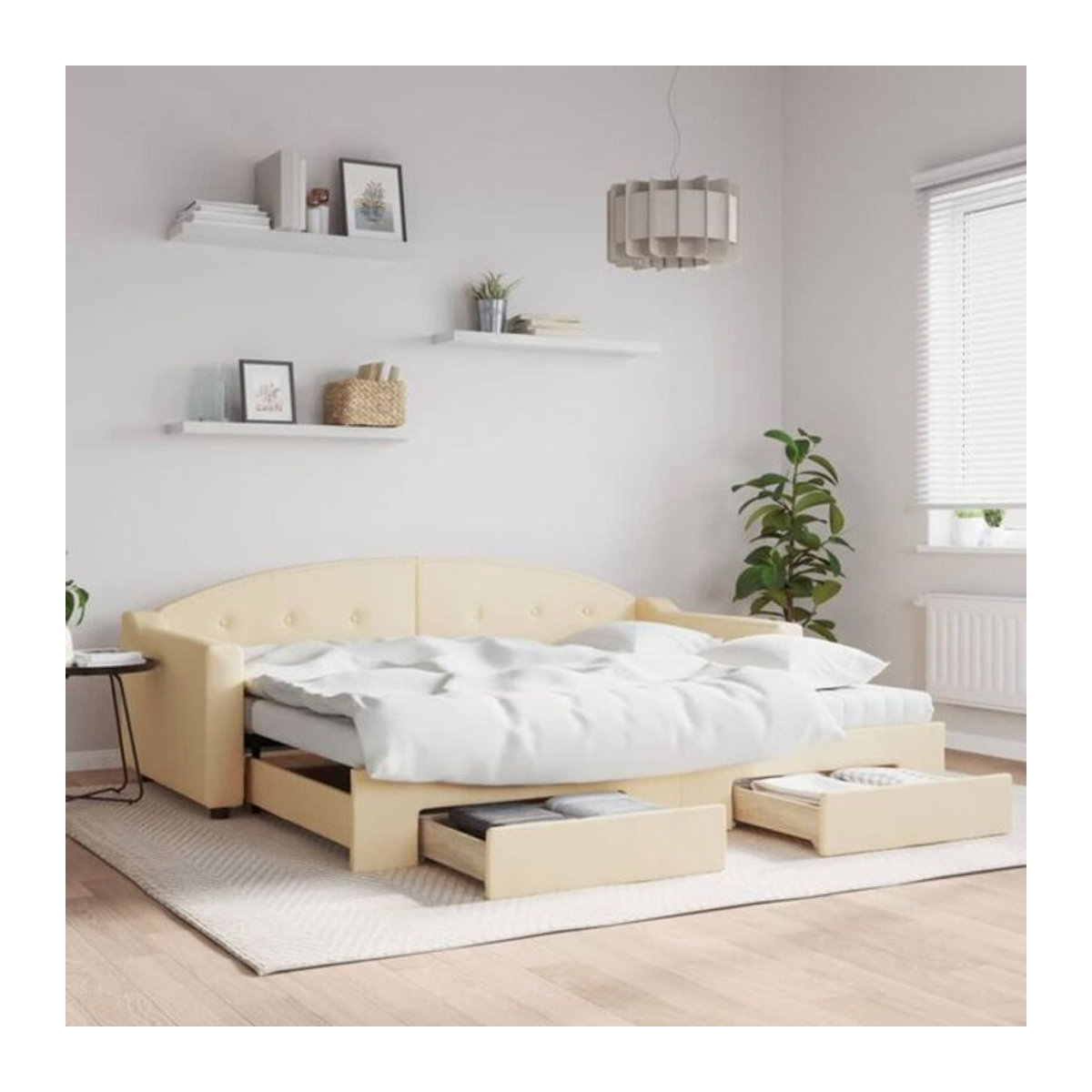 Ausziehbares Funktionsbett vidaxl mit Schubladen in Beige aus Stoff und Metall, B/T/H: 90 x 200 cm - Bild 1