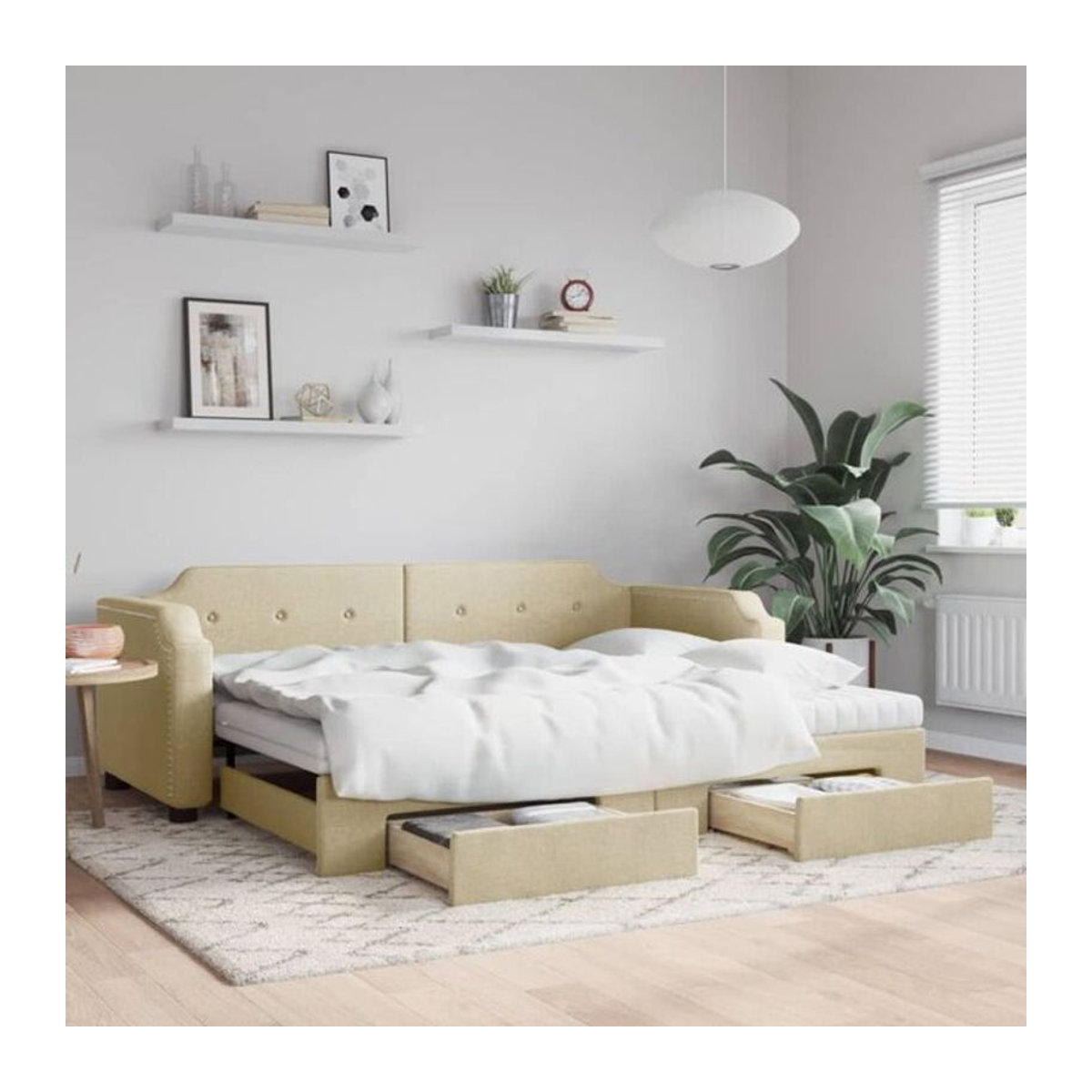 Ausziehbares Funktionsbett vidaxl mit Schubladen in Beige aus Stoff und Metall, B/T/H: 90 x 200 cm - Bild 1