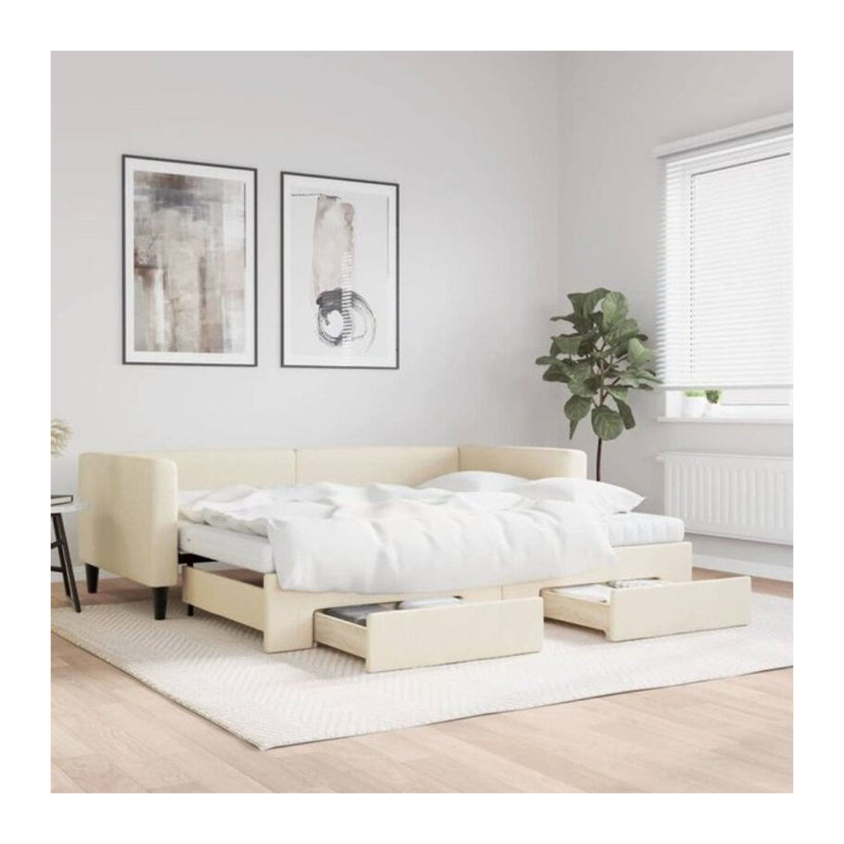 Ausziehbares Funktionsbett Vidaxl mit Schubladen in Beige aus Stoff und Metall, B/T/H: 90 x 200 cm - Bild 1