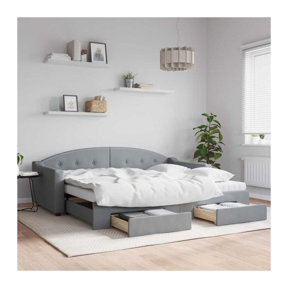 Ausziehbares Funktionsbett Vidaxl mit Schubladen in Grau aus Stoff und Metall, B/T: 90 x 200 cm - Bild 1