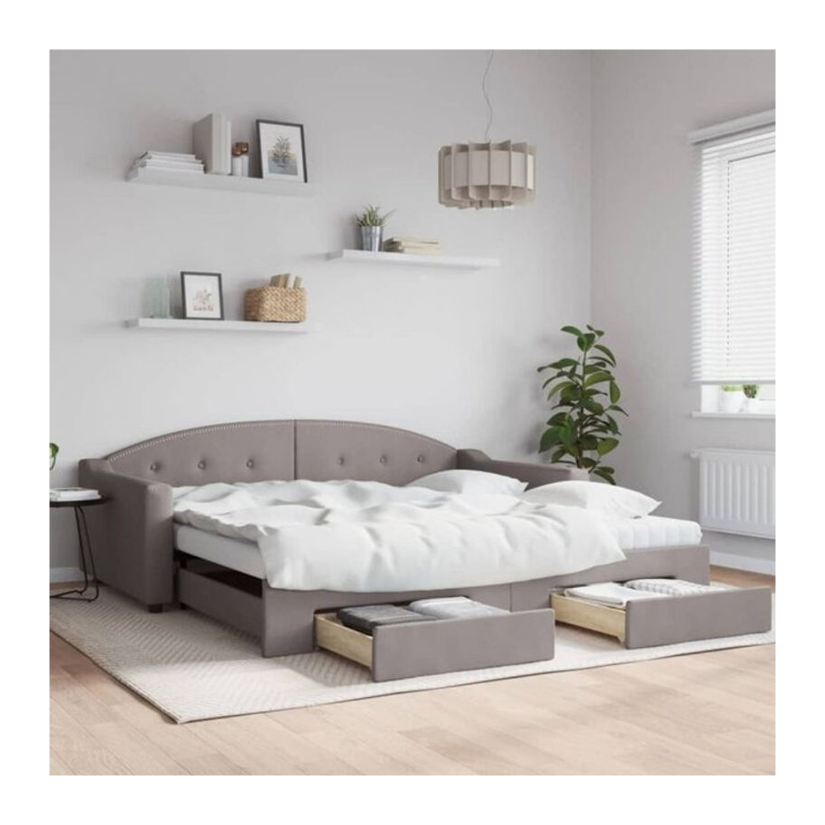 Ausziehbares Funktionsbett Vidaxl mit Schubladen in Taupe meliert aus Stoff und Metall, B/T: 100 x 200 cm - Bild 1