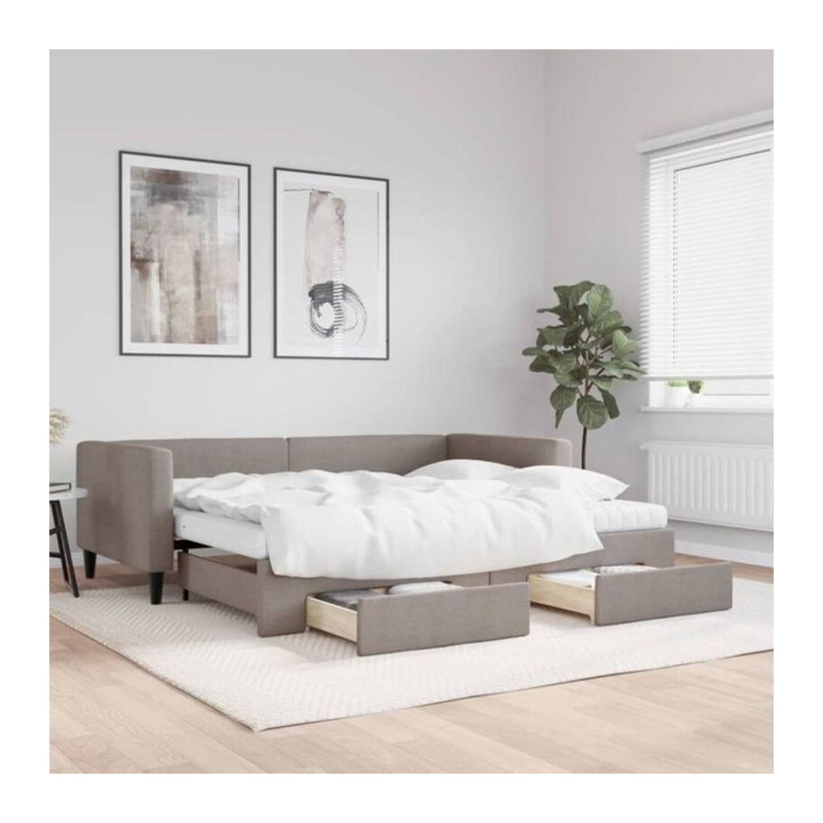 Ausziehbares Funktionsbett Vidaxl mit Schubladen in Taupe meliert aus Stoff und Metall, B/T/H: 90 x 200 cm - Bild 1