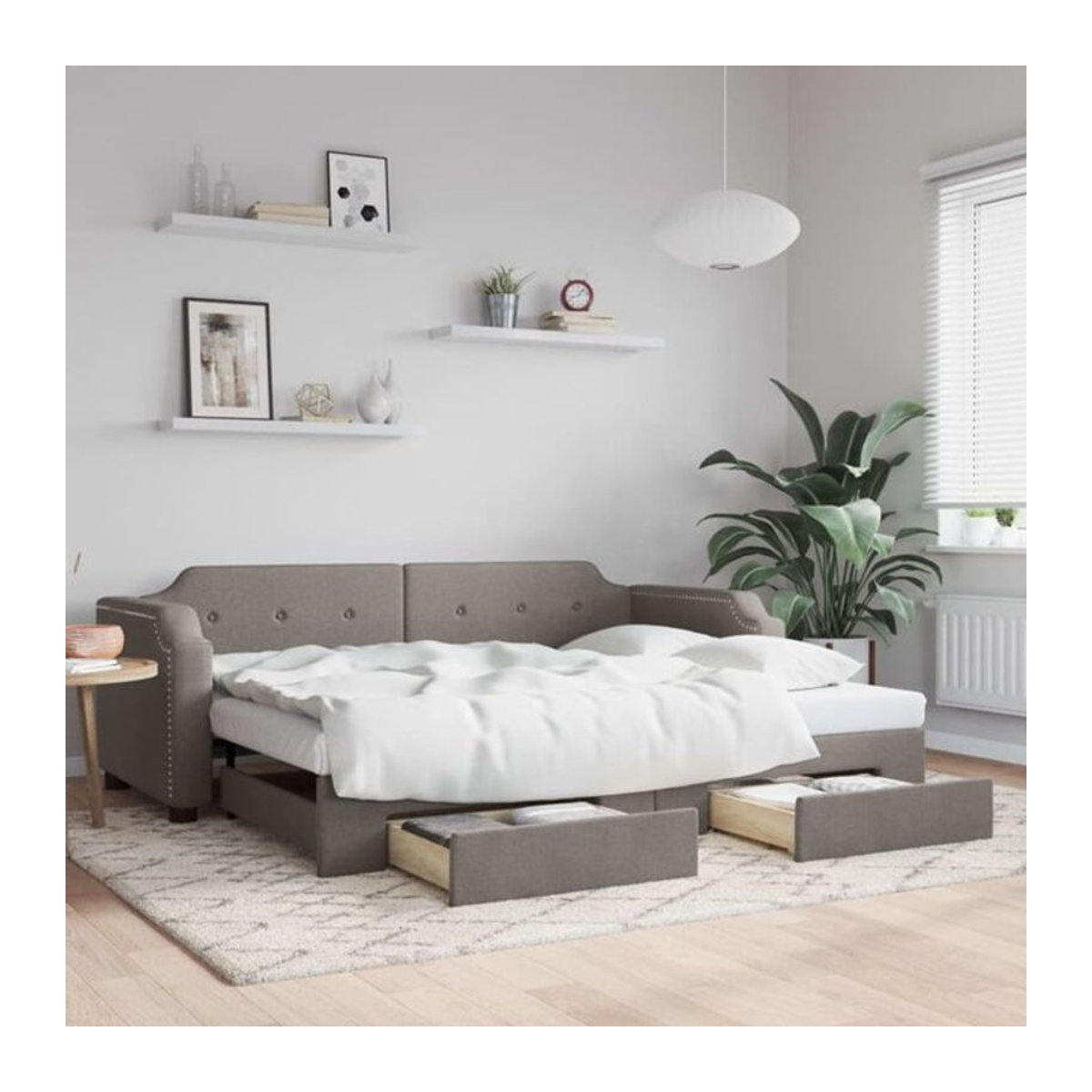 Ausziehbares Funktionsbett Vidaxl mit Schubladen in Taupe meliert aus Stoff und Metall, B/T/H: 90 x 200 cm - Bild 1
