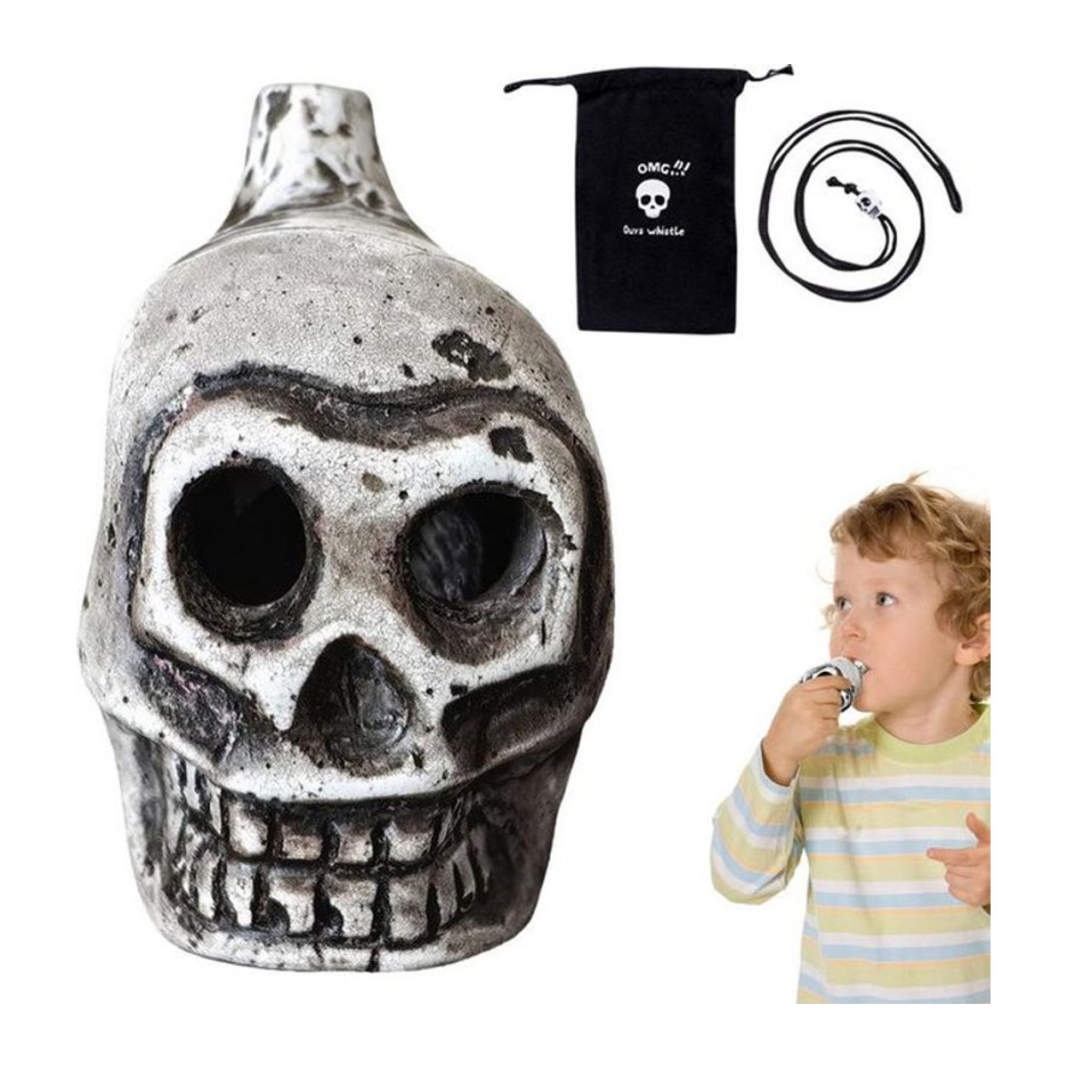 Authentische Aztekenpfeife in Form eines menschlichen Schädels aus weißer Keramik für Halloween - Bild 1