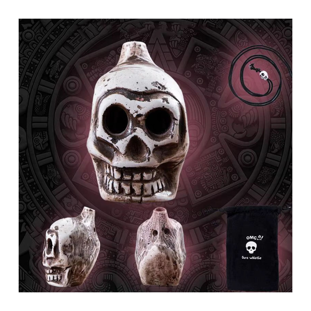 Authentische Aztekenpfeife in Form eines menschlichen Schädels aus weißer Keramik für Halloween - Bild 6