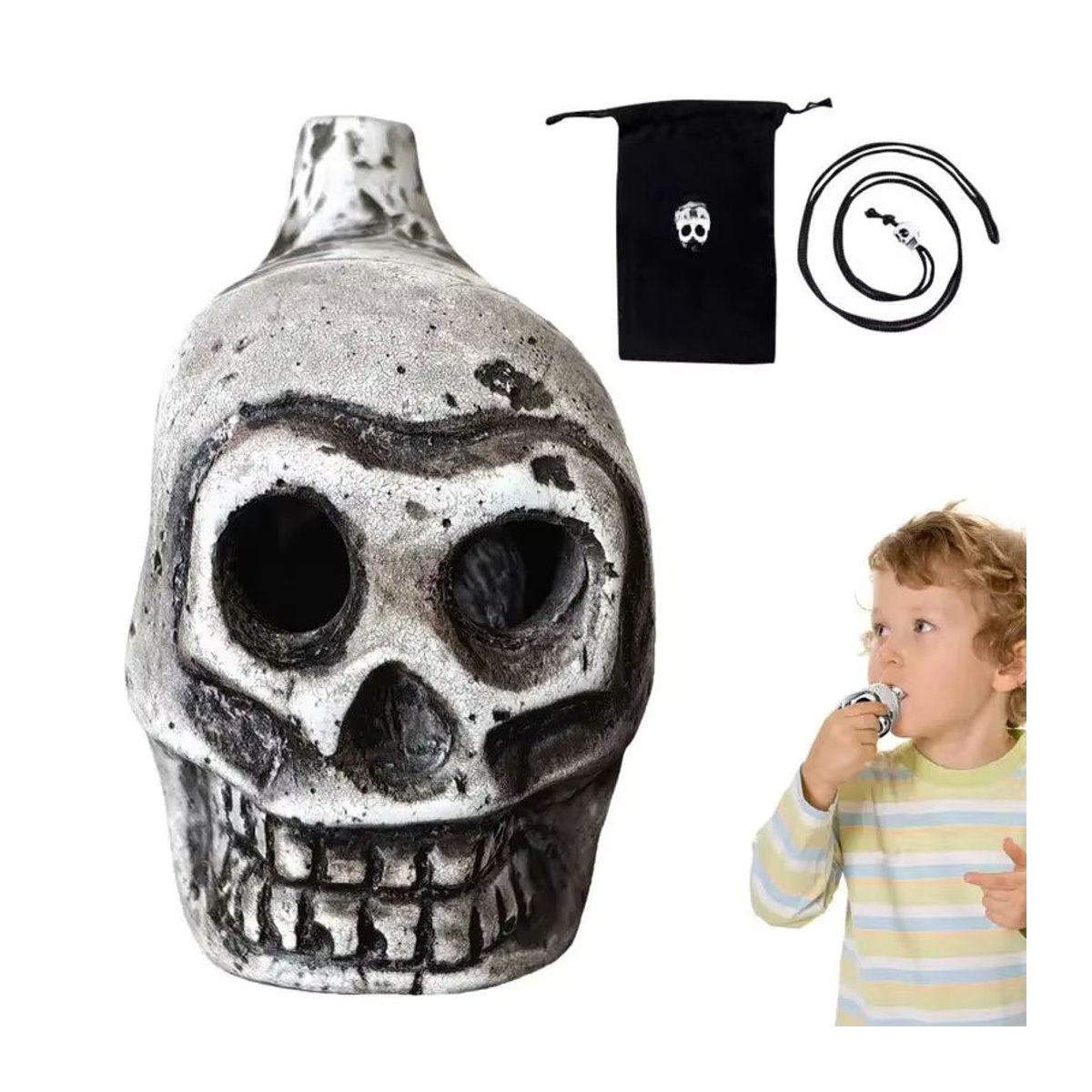 Authentische Aztekenpfeife in Form eines menschlichen Schädels aus weißer Keramik für Halloween - Bild 7