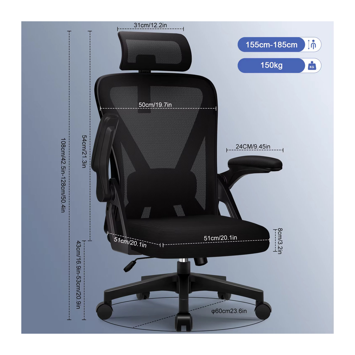 AUTHMIC Bürostuhl in Schwarz mit faltbaren Armlehnen, verstellbarer Rückenlehne, Kopfstütze und Lendenwirbelstütze - Bild 6