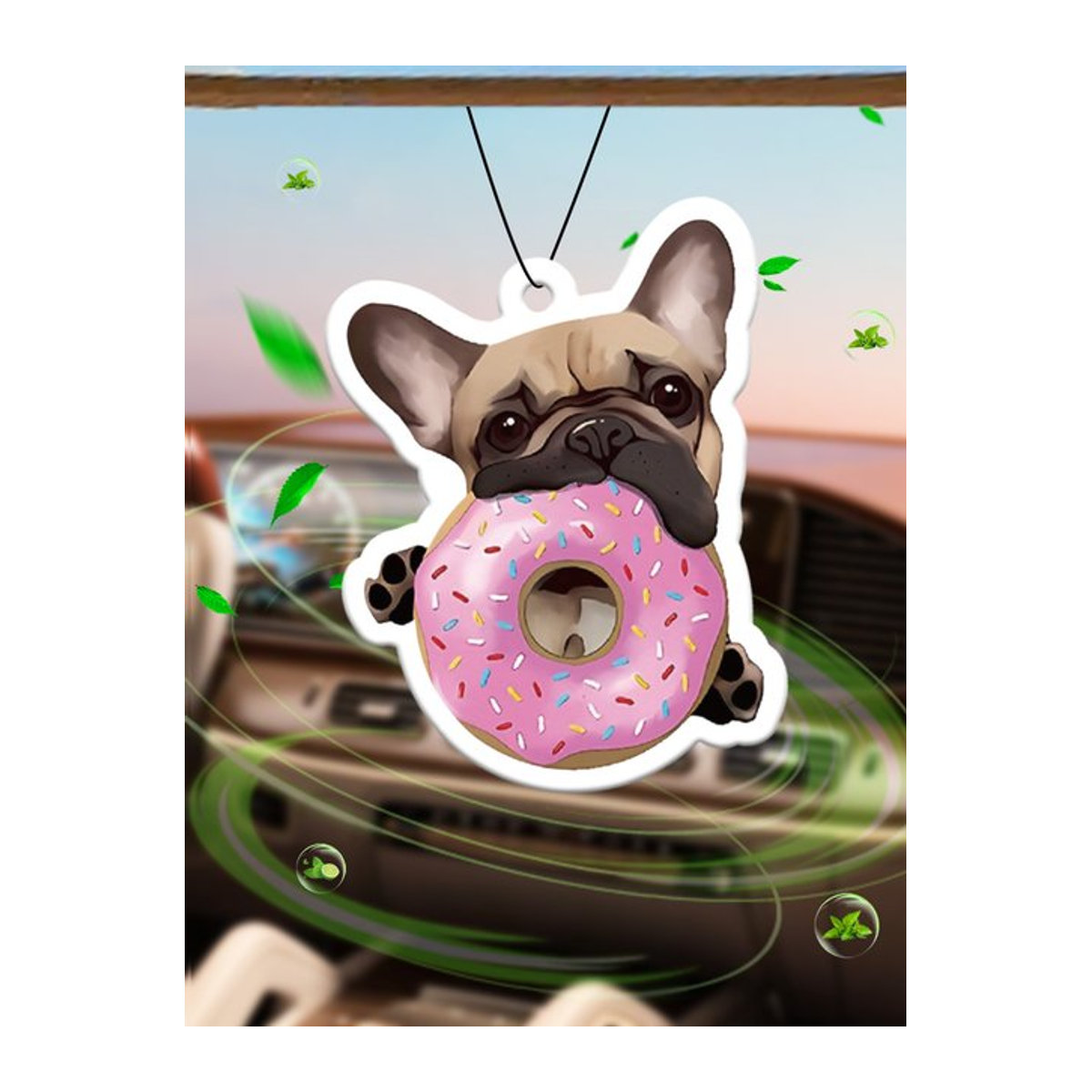 Auto-Lufterfrischer Nachhaltige Frische mit süßem Frenchie und rosa Donuts, Duftanhänger aus Papier für den Rückspiegel, mehrfarbig - Bild 1