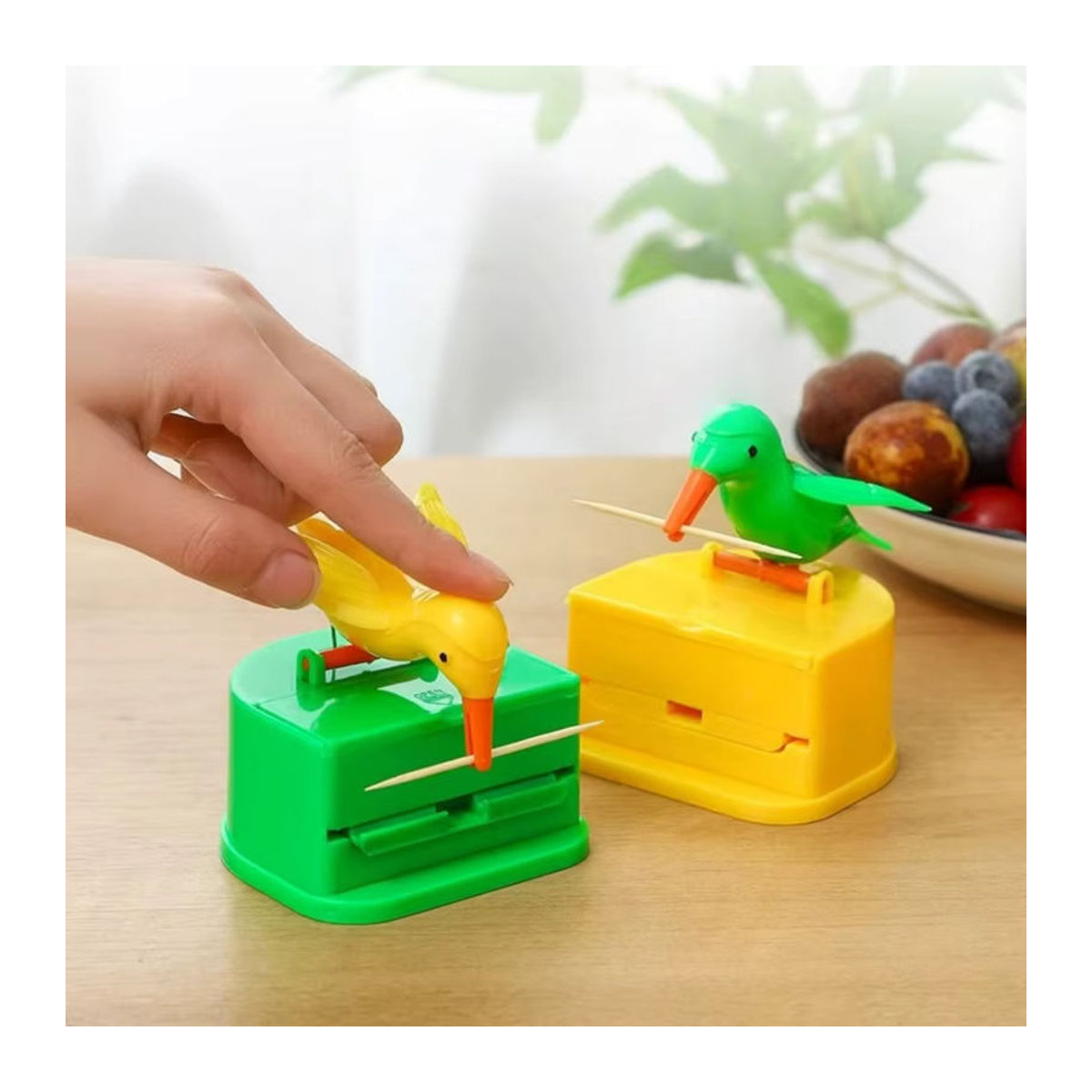 Automatischer Zahnstocherspender in Specht-Optik mit Push-Funktion, grüner Zahnstocher-Aufbewahrungsbox aus Kunststoff für Zuhause und Restaurant - Bild 2