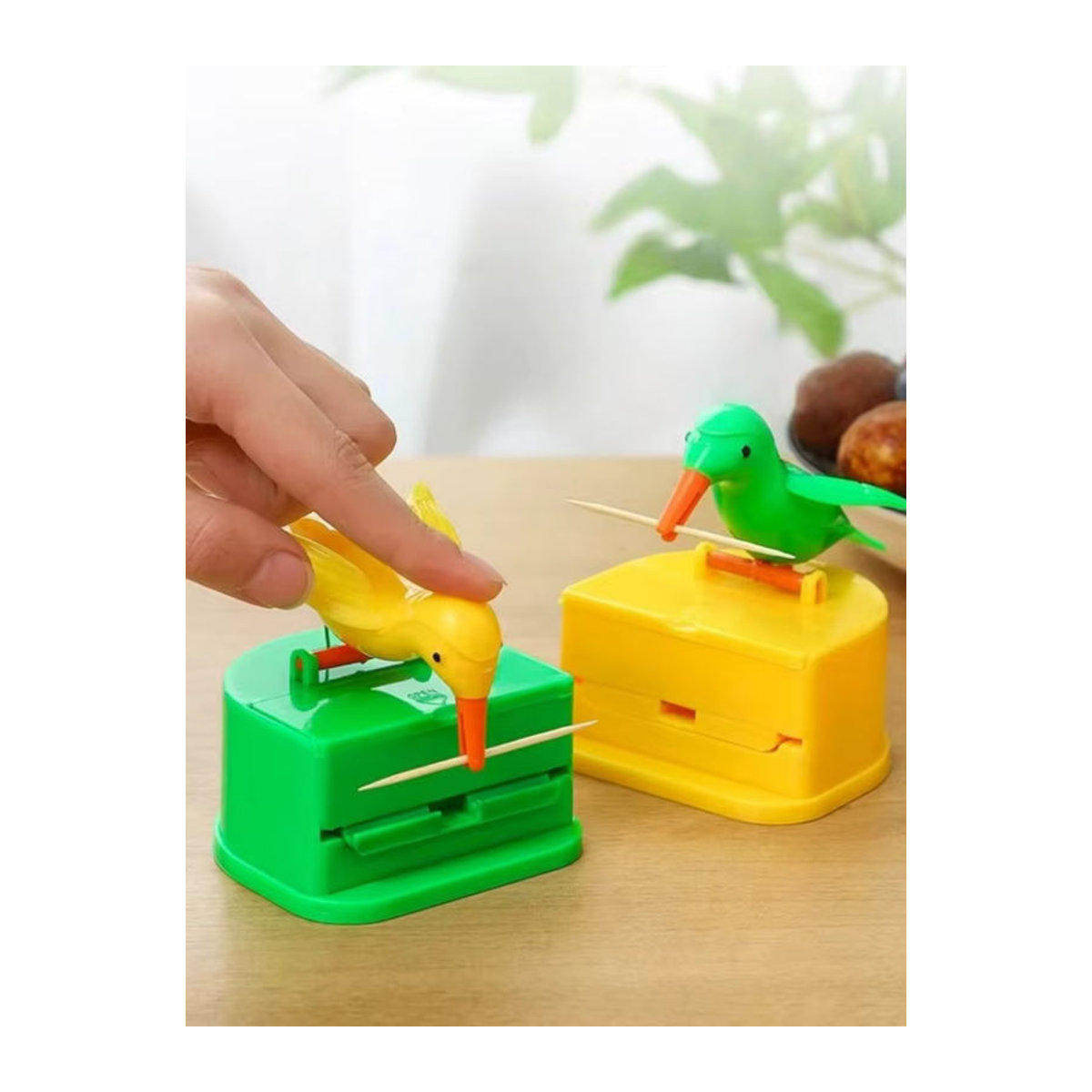 Automatischer Zahnstocherspender in Specht-Optik mit Push-Funktion, grüner Zahnstocher-Aufbewahrungsbox aus Kunststoff für Zuhause und Restaurant - Bild 4