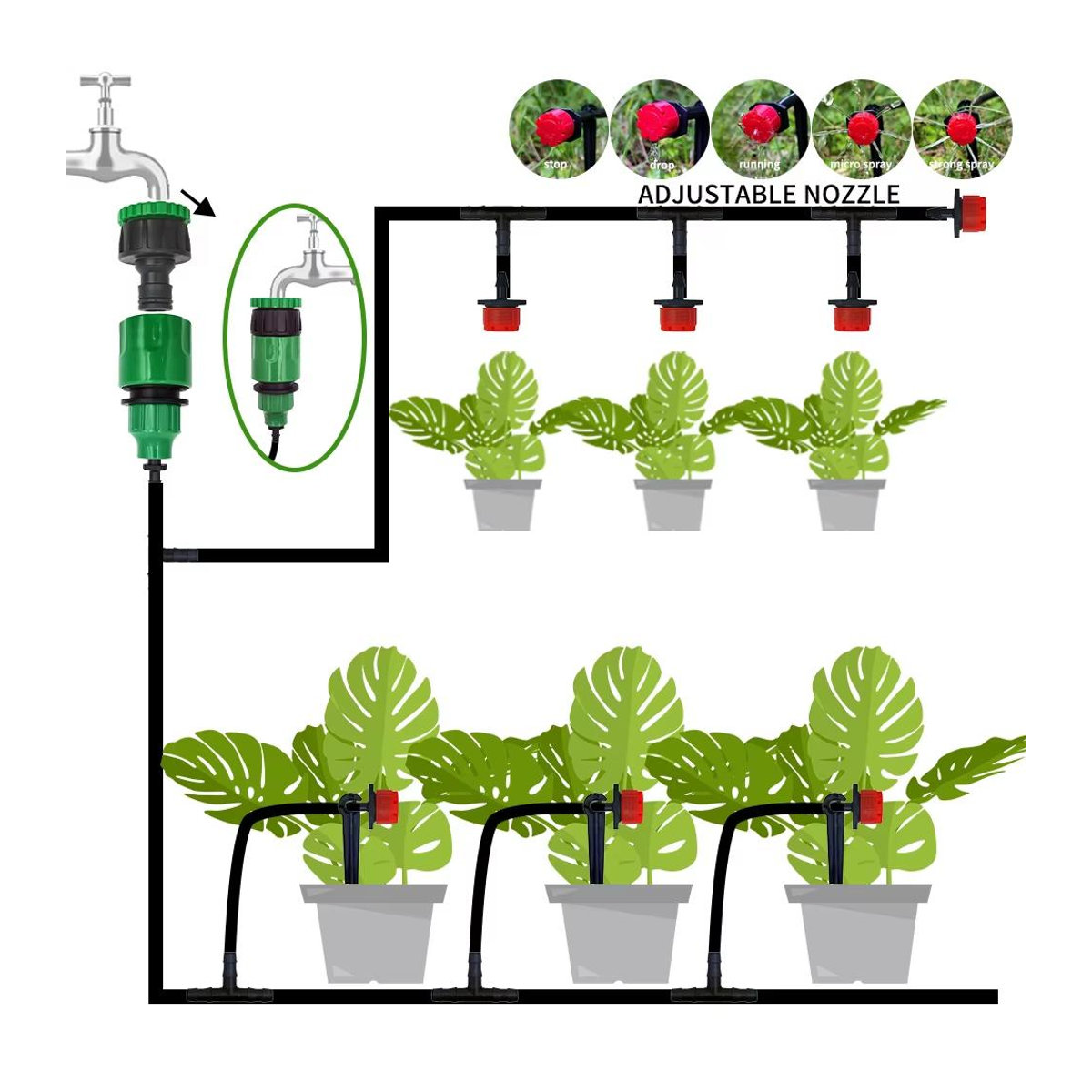Automatisches Garten Tropfbewässerungssystem Kit mit einstellbaren Düsen und Micro-Sprinklern für Bonsai, Topfpflanzen, Blumen und Gemüse, Schwarz, 5m - Bild 7