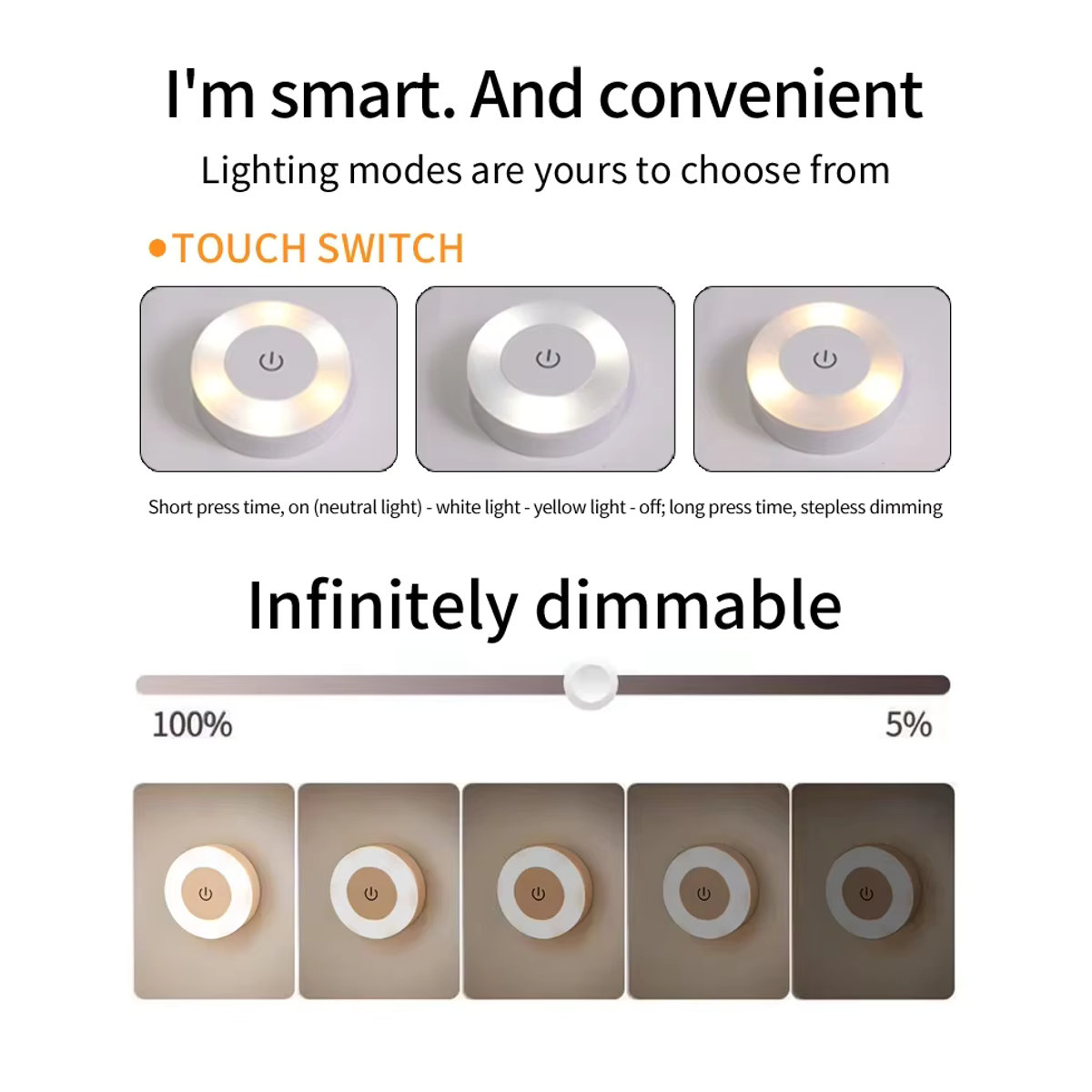 AVACOM LED Nachtlicht Weiß – Wiederaufladbare Drahtlose Wandlampe mit Touch-Dimmer für Schlafzimmer, Schrank und Küche - Bild 2