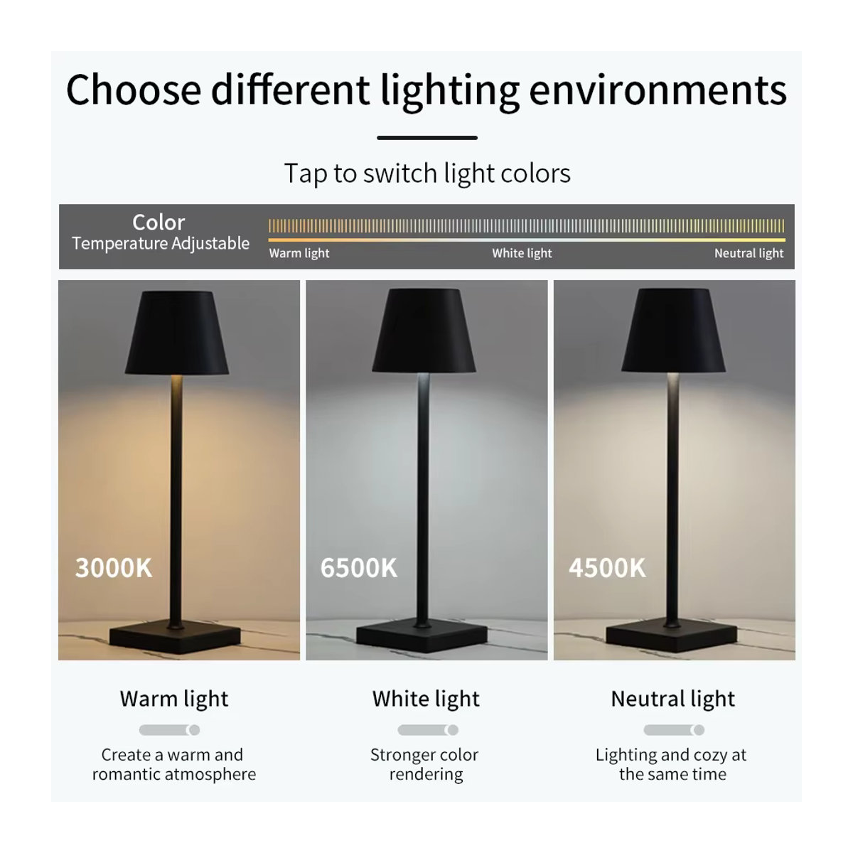 AVACOM LED-Schreibtischlampe Weiß, kabellose Tischlampe mit Touch-Funktion und 3 Lichtfarben, USB wiederaufladbar, minimalistisches Design - Bild 3
