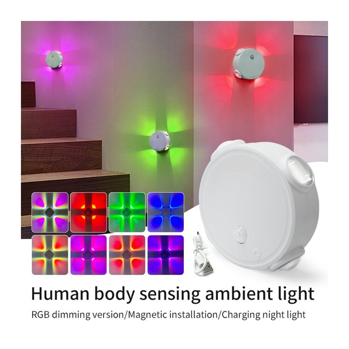 AVACOM Minimalistische Wandleuchte mit 4 LEDs und Bewegungssensor, wiederaufladbare und dimmbare magnetische Nachtlicht-Ambientelampe für Schlafzimmer und Treppe - Bild 1