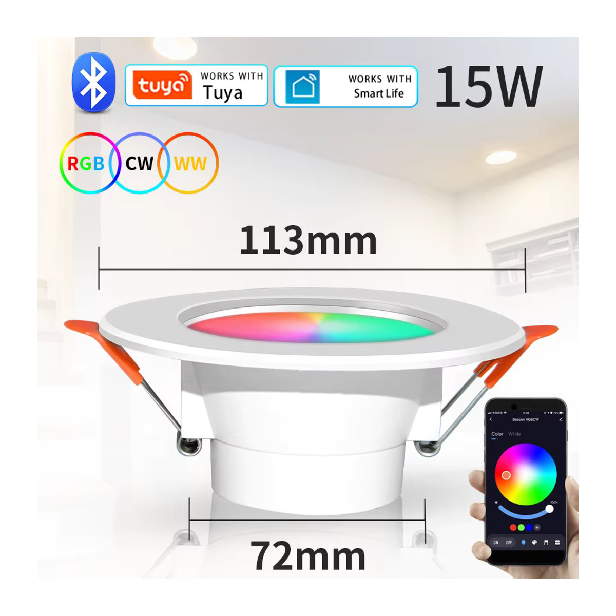 AVACOM Smart LED Einbaustrahler 15W RGBCW dimmbar mit Tuya Bluetooth und Smart Life App Steuerung in Bunt - Bild 3
