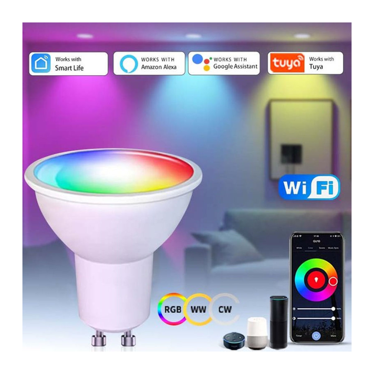 AVACOM Tuya Smart WiFi GU10 LED-Lampe RGBCW mit App-Steuerung und Kompatibilität für Alexa und Google Home, Bunt - Bild 1