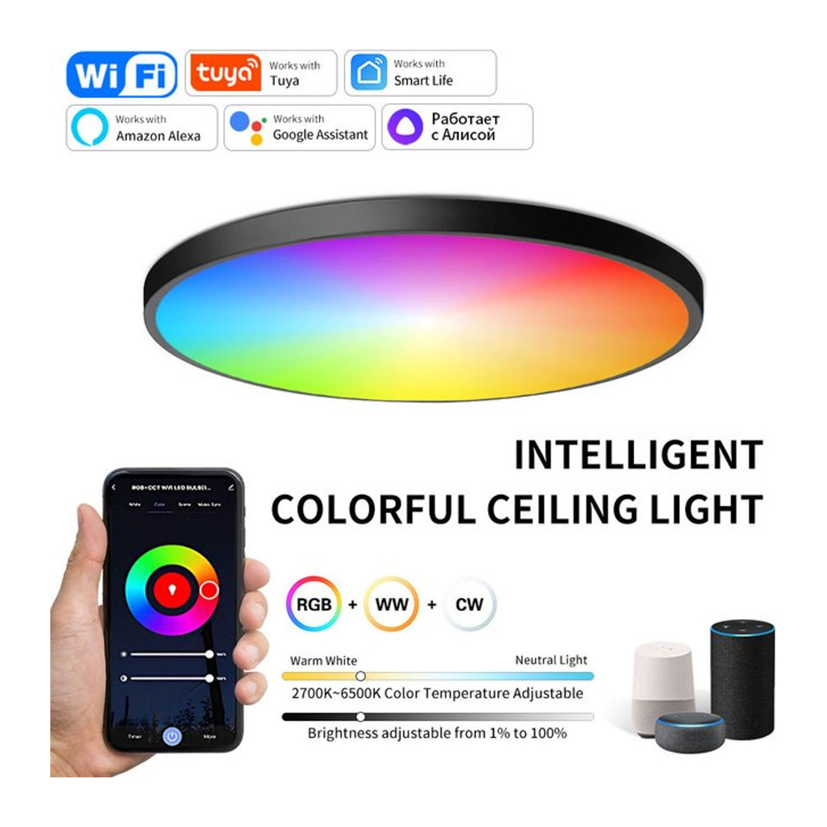 AVACOM Tuya WiFi Smart LED Deckenlampe RGB Dimmbar für Wohnzimmer und Schlafzimmer Kompatibel mit Alexa und Google Home Bunt Minimalistisch - Bild 1