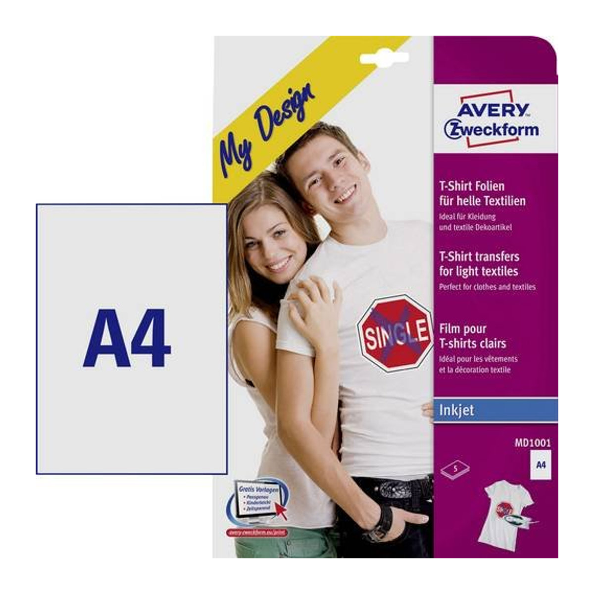 Avery Zweckform My Design T-Shirt MD1001 Tintenstrahl Textilfolie für helle Textilien DIN A4 - Bild 1
