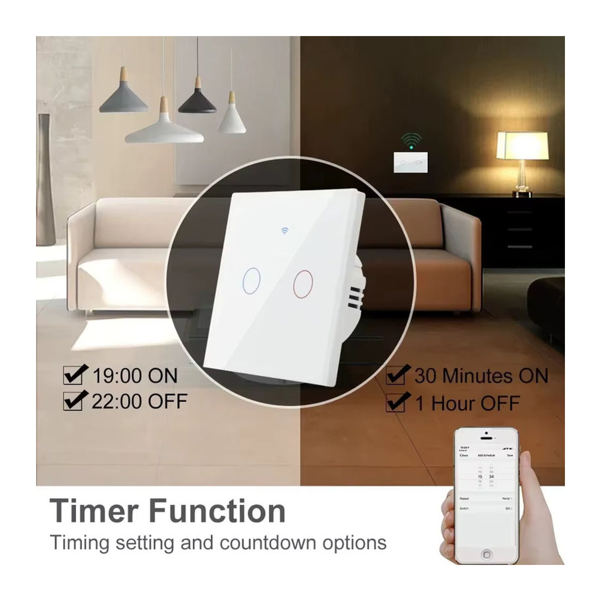 AXUS Smart Wireless Touch Wandleuchte mit Schalterknopf, WiFi RF 433 MHz, Tuya Alexa Google kompatibel, 220 V, Schwarz oder Weiß - Bild 2