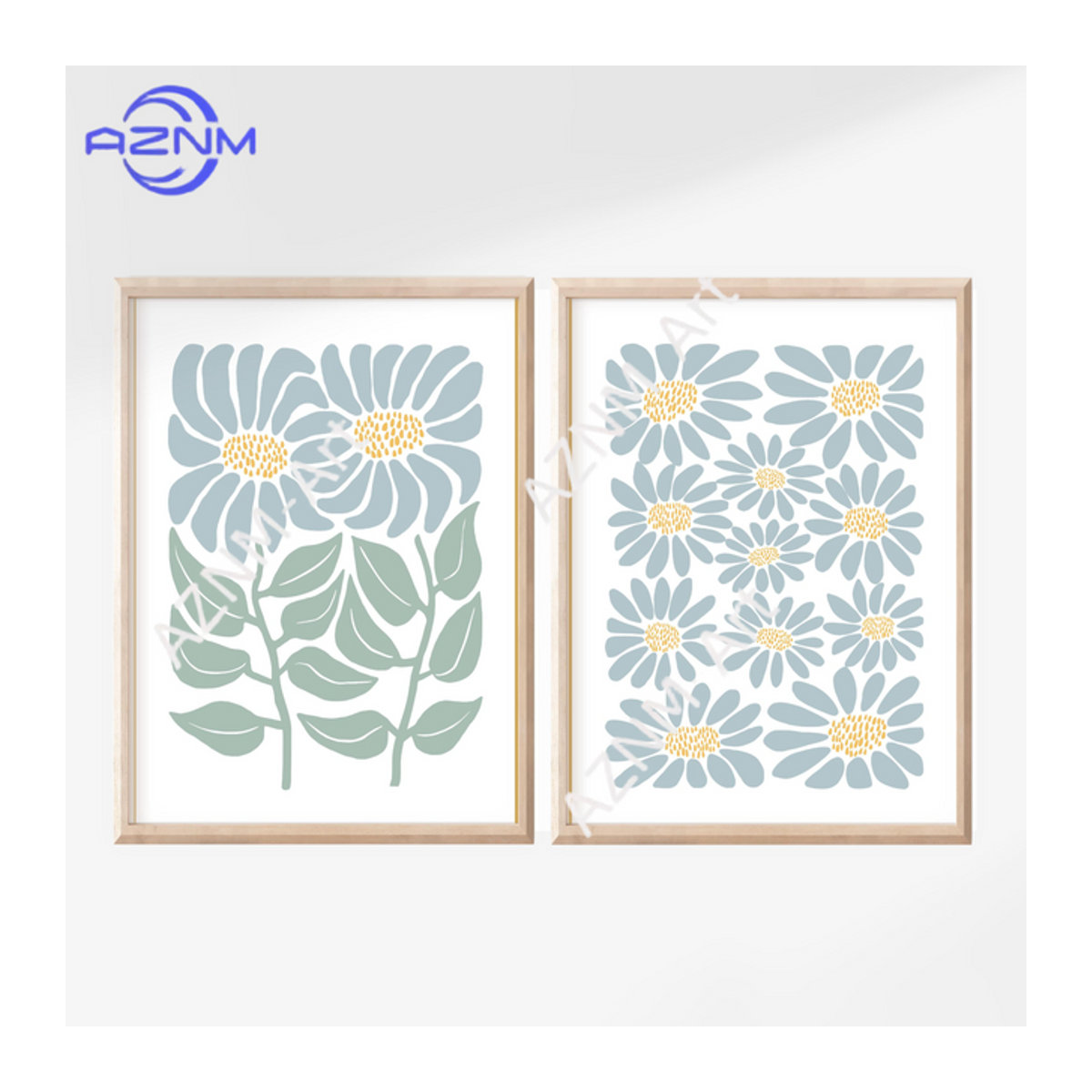 AZNM 2er-Set Retro-Sonnenblumen-Kunstdrucke in Gelb und Mehrfarbig als florale Wanddekoration im Hochformat - Bild 1