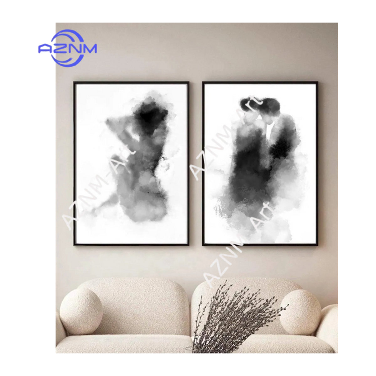 AZNM 2er-Set Romantische Wandkunst Porträt Paar beim Küssen in Schwarz-Weiß, Minimalistischer Aquarell-Druck für die Wandmontage - Bild 1