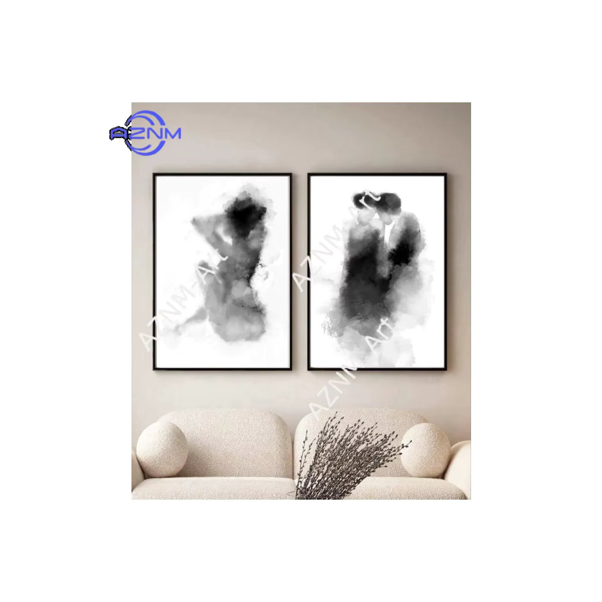 AZNM 2er-Set Romantische Wandkunst Porträt Paar beim Küssen in Schwarz-Weiß, Minimalistischer Aquarell-Druck für die Wandmontage - Bild 4