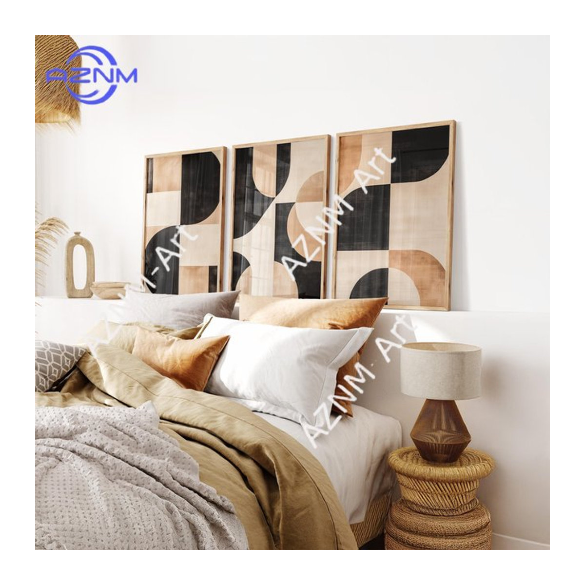 AZNM 3-teiliges abstraktes Wandkunst-Set aus Holz mit geometrischen Formen in Schwarz, Beige und Braun - Bild 1