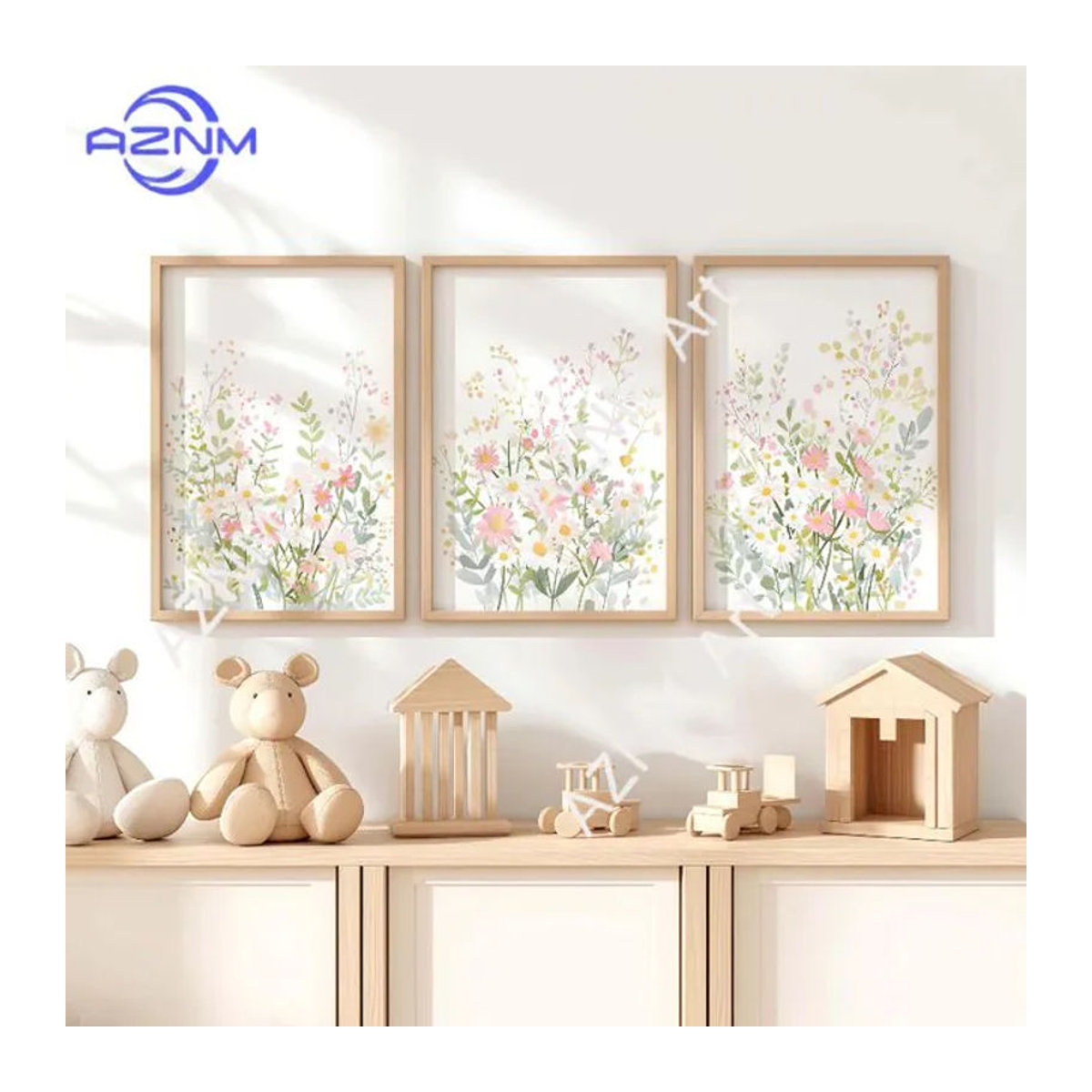 AZNM 3-teiliges Blumen-Wanddekor Set für das Kinderzimmer in Rosa und Mehrfarbig im Bohemian Stil mit Wildblumen-Prints aus Holz - Bild 1