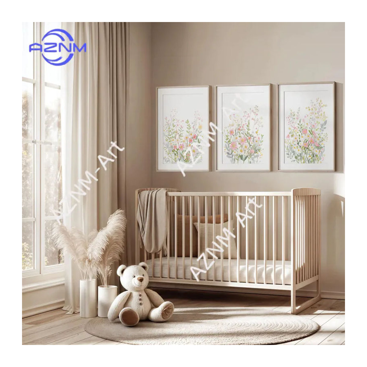 AZNM 3-teiliges Blumen-Wanddekor Set für das Kinderzimmer in Rosa und Mehrfarbig im Bohemian Stil mit Wildblumen-Prints aus Holz - Bild 2