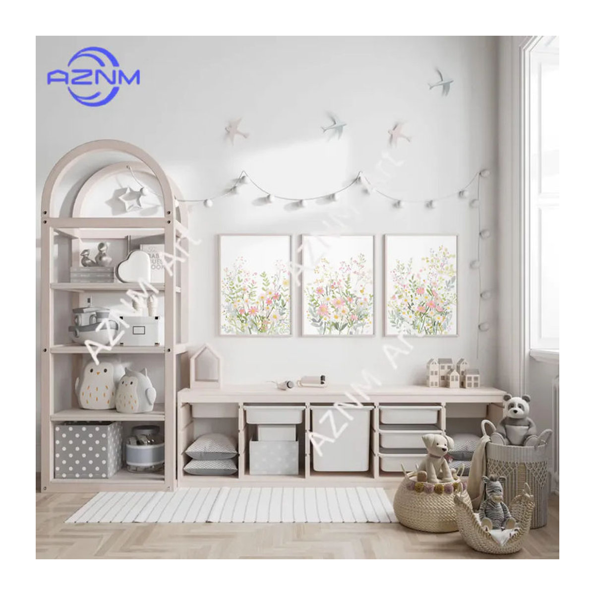 AZNM 3-teiliges Blumen-Wanddekor Set für das Kinderzimmer in Rosa und Mehrfarbig im Bohemian Stil mit Wildblumen-Prints aus Holz - Bild 3