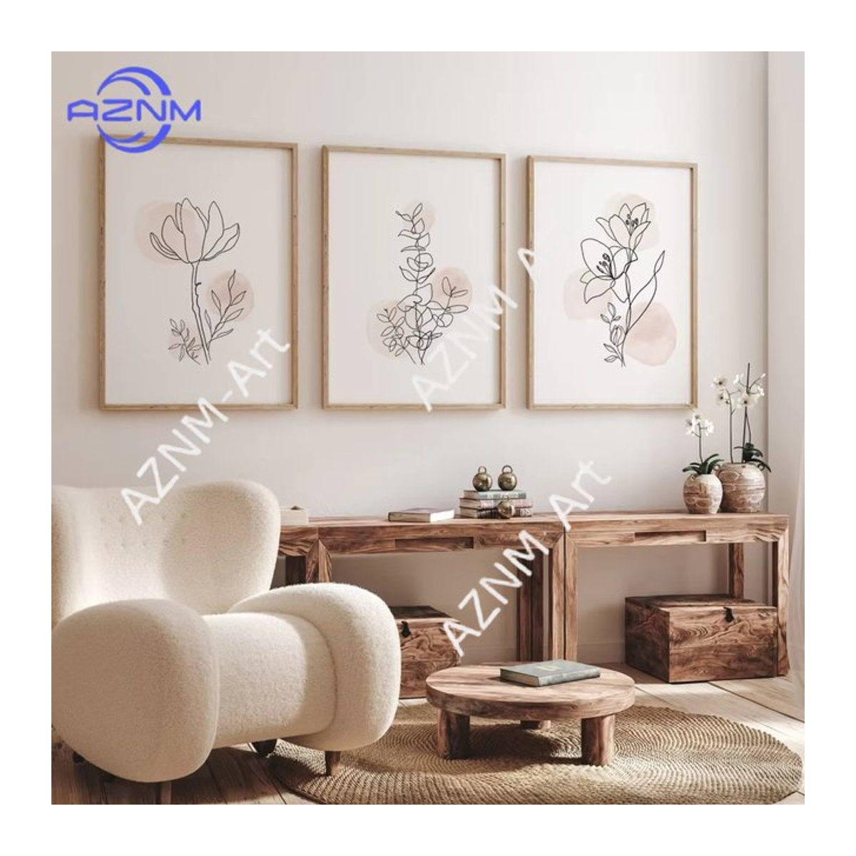 AZNM Abstrakte Blumen Leinwanddrucke Set, Moderne Botanische Linienkunst Wandkunst in Beige und Weiß, Rechteckige Wandmontage für dein Zuhause - Bild 1