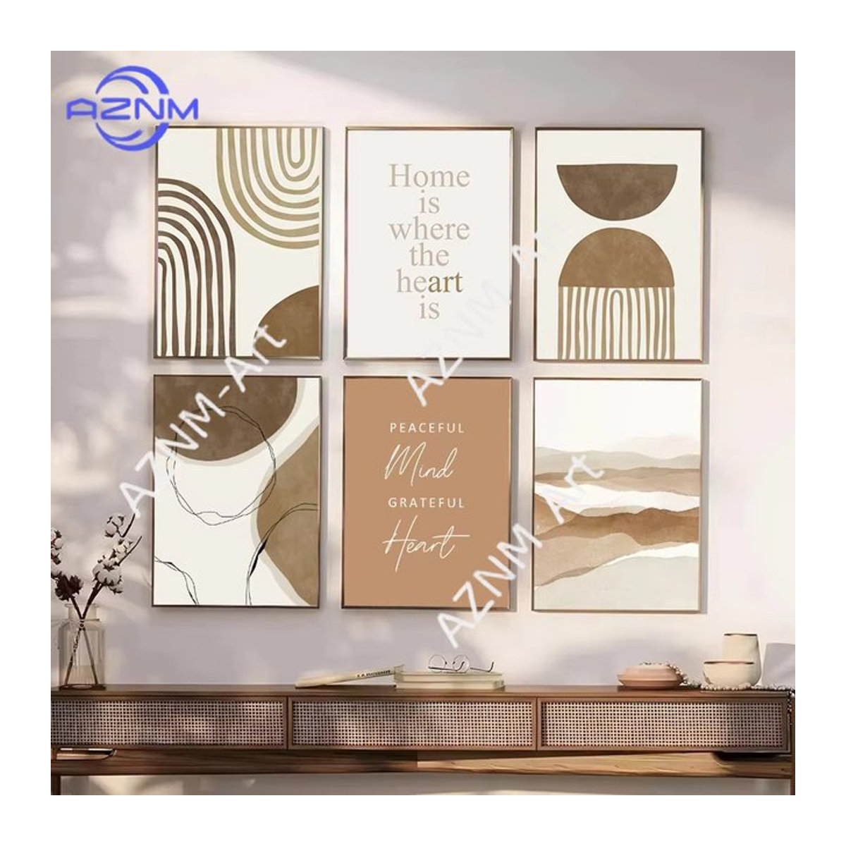AZNM Abstrakte Bohemian Wandmalerei in Beige im minimalistischen nordischen Stil als Poster-Druck für deine Wanddekoration - Bild 1