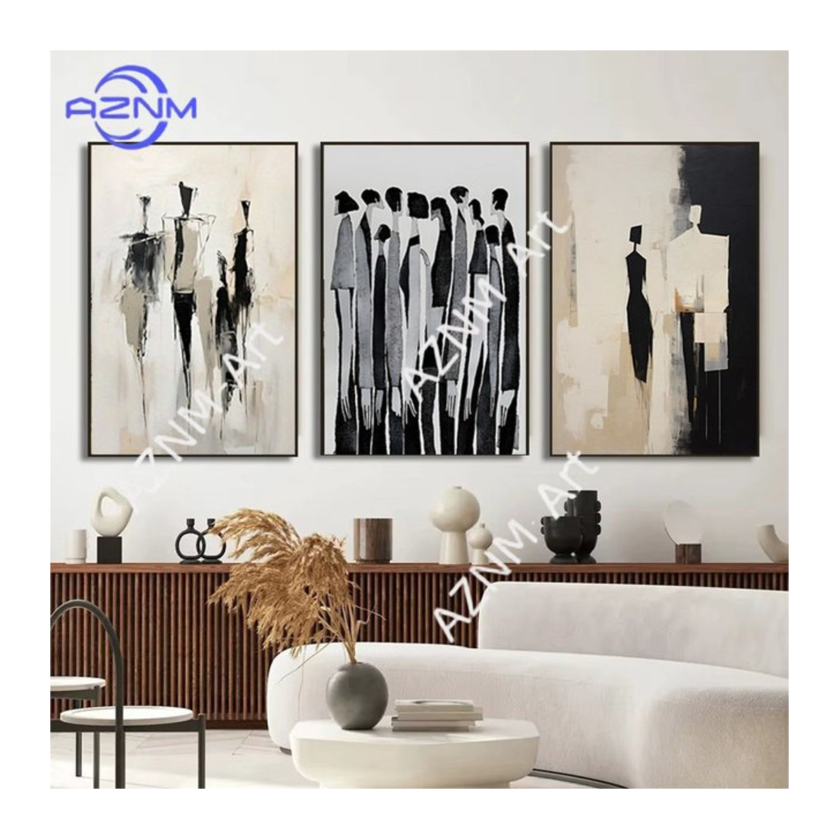 AZNM Abstrakte Figuren Wandkunstdrucke – Minimalistische Schwarz-Weiß Leinwandposter mit menschlichen Silhouetten im Hochformat - Bild 1