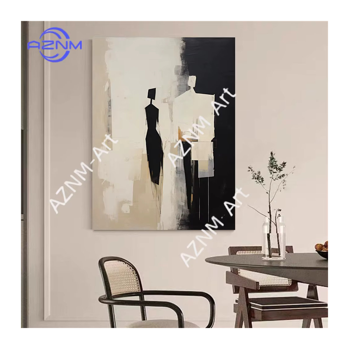 AZNM Abstrakte Figuren Wandkunstdrucke – Minimalistische Schwarz-Weiß Leinwandposter mit menschlichen Silhouetten im Hochformat - Bild 2