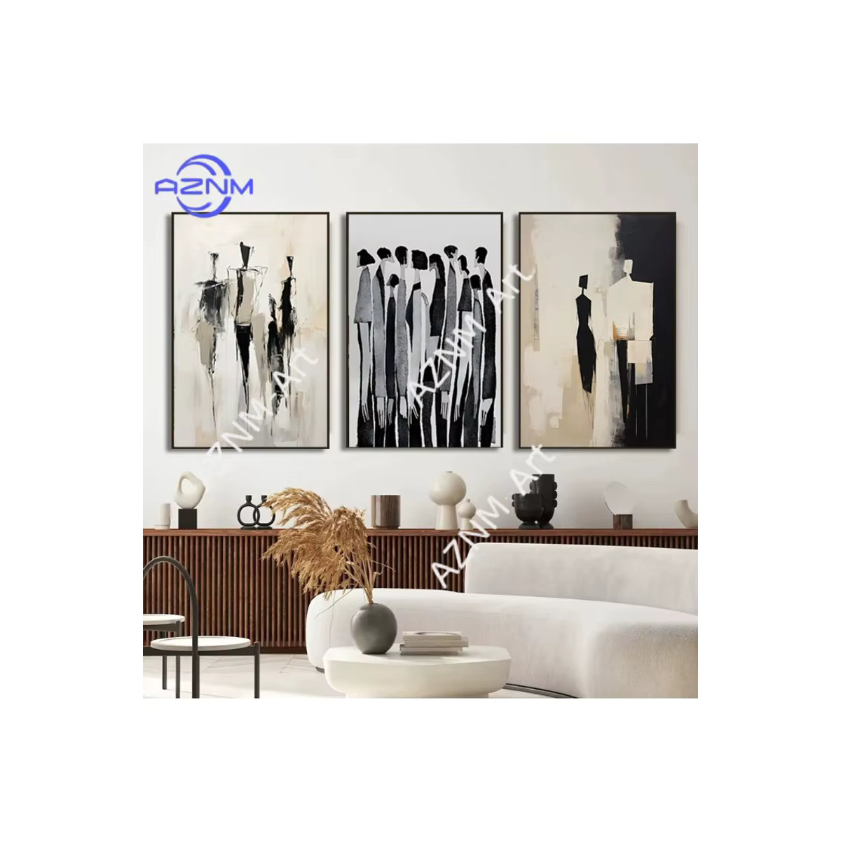 AZNM Abstrakte Figuren Wandkunstdrucke – Minimalistische Schwarz-Weiß Leinwandposter mit menschlichen Silhouetten im Hochformat - Bild 3