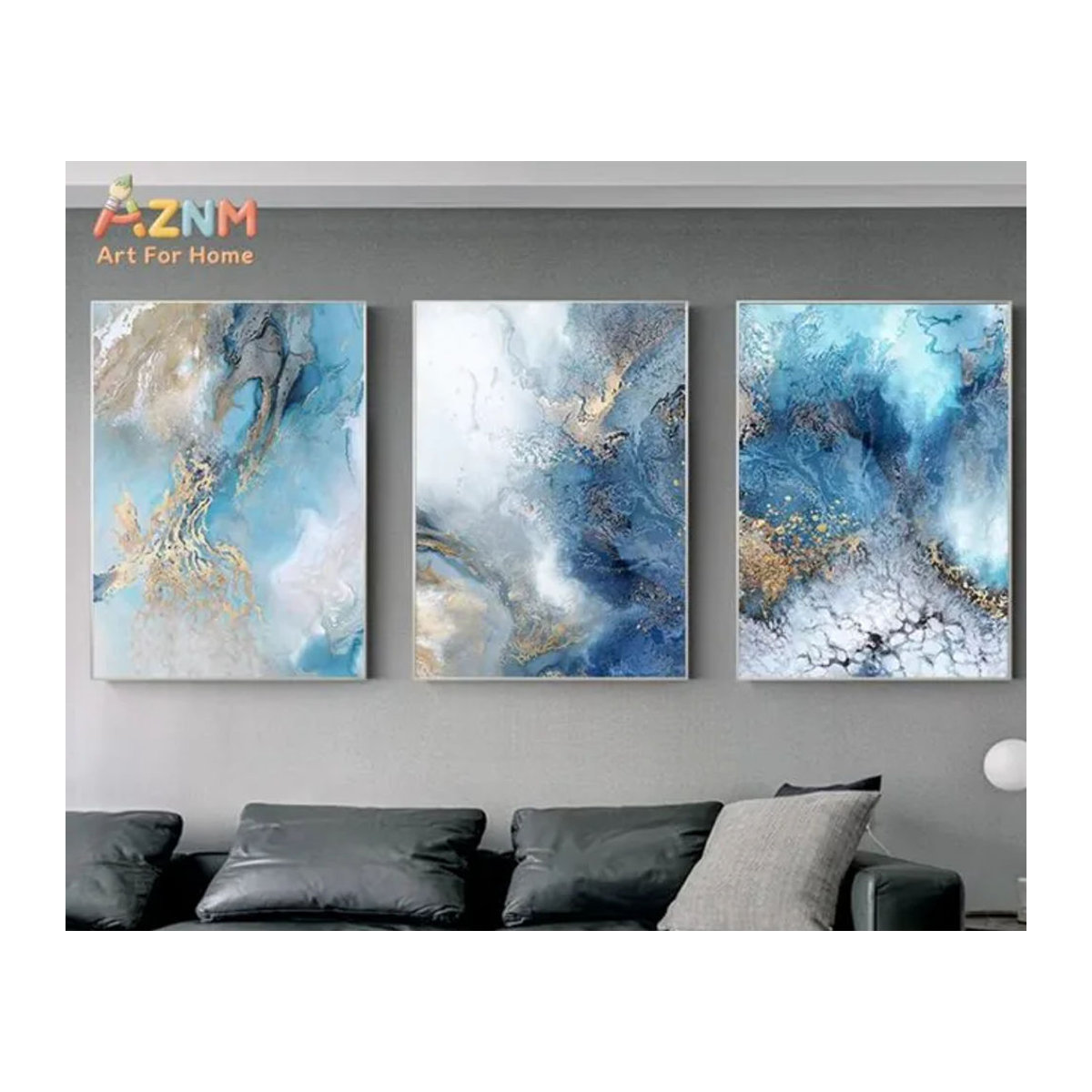 AZNM Abstrakte Fluss-Leinwandmalerei in Blau und Gold, Moderne Landschaftsbilder als Wandkunst für deine Dekoration - Bild 1