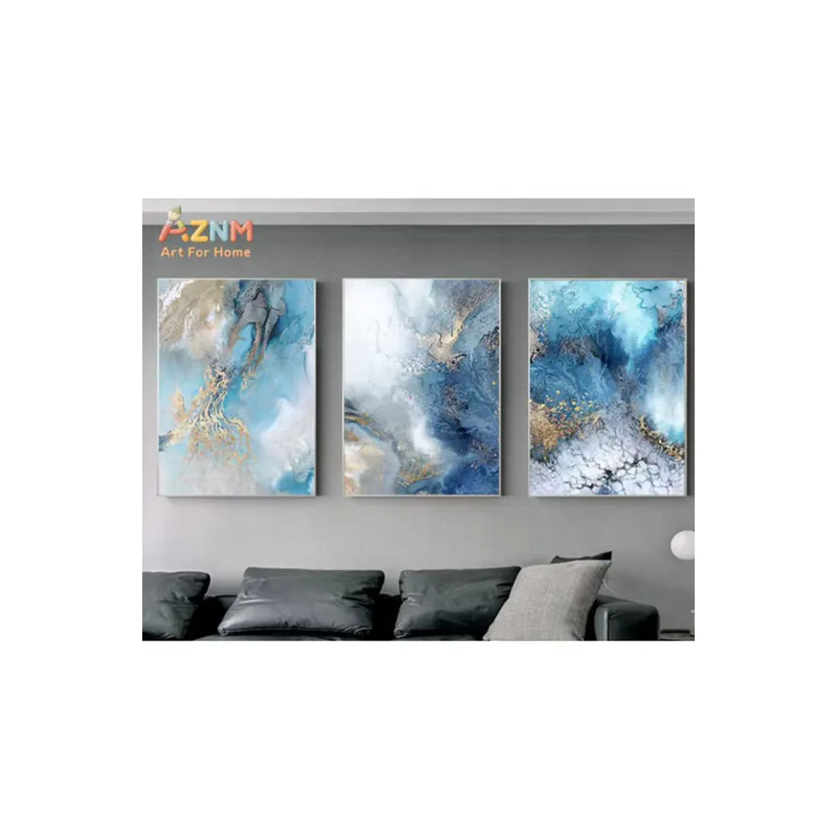 AZNM Abstrakte Fluss-Leinwandmalerei in Blau und Gold, Moderne Landschaftsbilder als Wandkunst für deine Dekoration - Bild 4