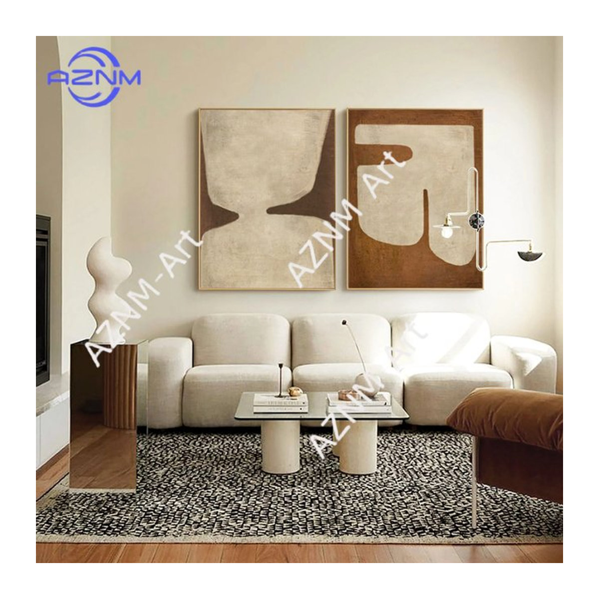 AZNM Abstrakte Leinwandkunst in Braun und Beige mit geometrischen Motiven für die Wandmontage - Bild 1