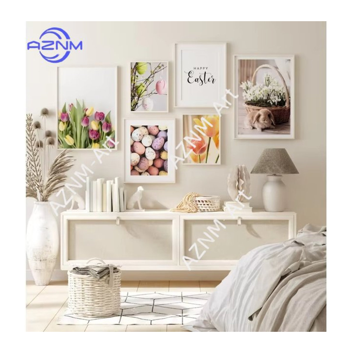 AZNM Boho Oster Wandkunst Leinwandposter mit Hase und Blumen in Mehrfarbig, Rechteckiges Wandbild im Hochformat - Bild 1