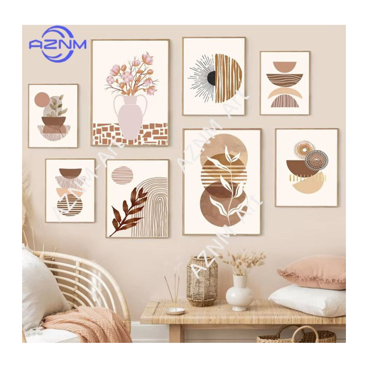 AZNM Boho Wandbild mit floralem Blumenmuster, abstraktes Leinwandgemälde in Beige, rechteckiges Wanddekor im Hochformat - Bild 1